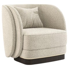 Custom Made Designer Armchair In Pearl Boucle' Fabric & Ebony Matte Base