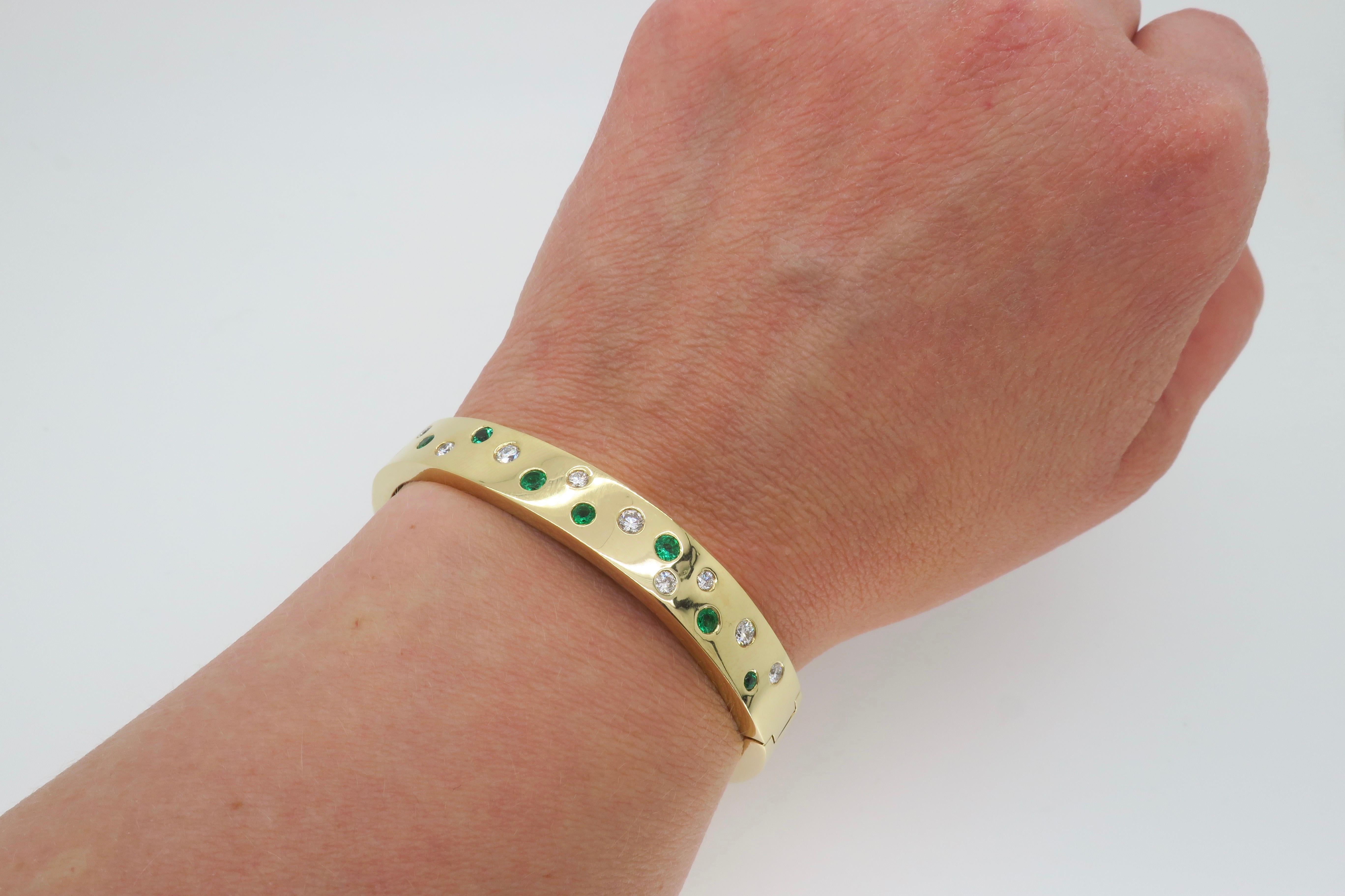 Round Cut Custom Made Diamond and Emerald Bangle Bracelet