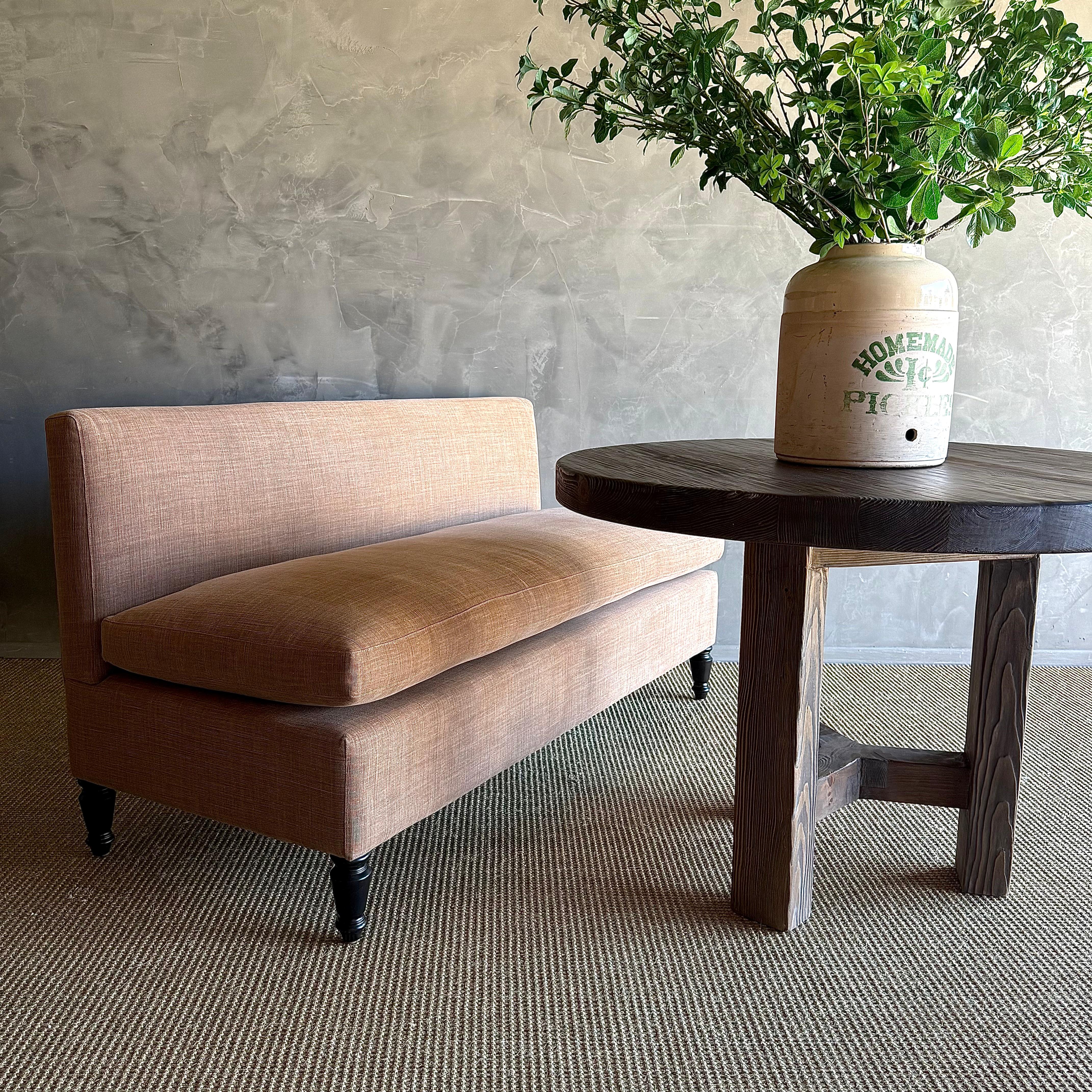 Custom made to order the Bloom Banquette can be done in any of our linens, performance fabrics, or COM.
Can be made to any length, depth, and height. Leg finishes are also available in natural oak, montana brown, and coffee bean (shown)
Dimensions