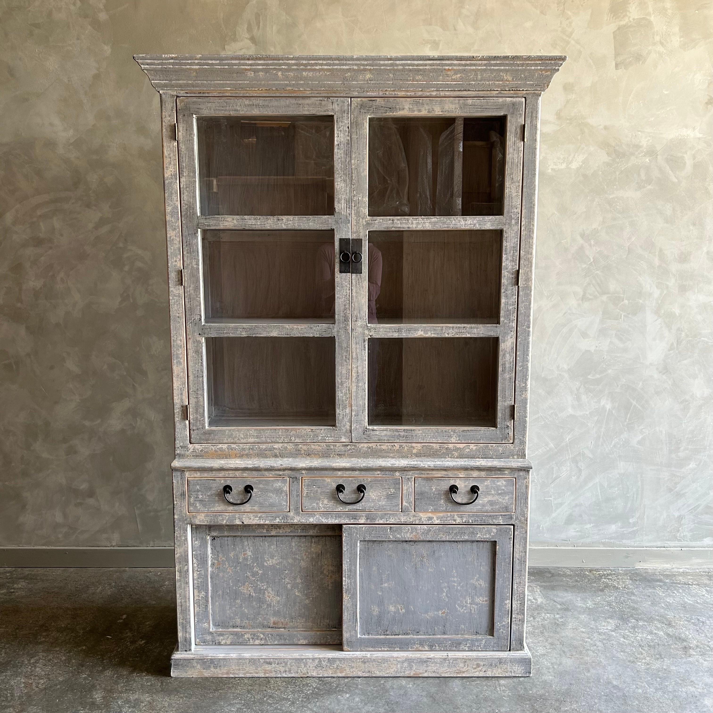 Custom Made Display Cabinet from Reclaimed Elm Wood in Distressed Gray Finish For Sale 5