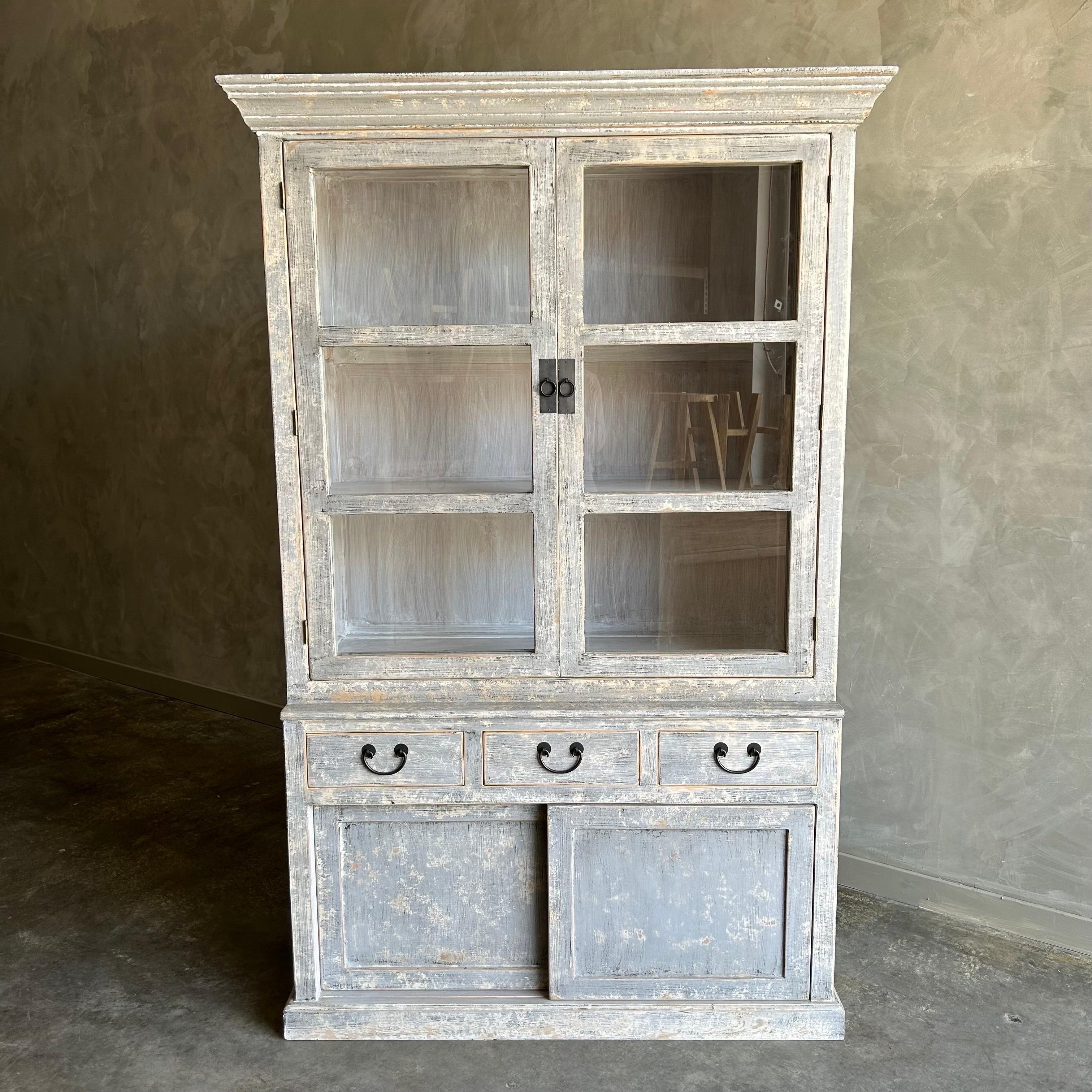 Custom Made Display Cabinet from Reclaimed Elm Wood in Distressed Gray Finish For Sale 6