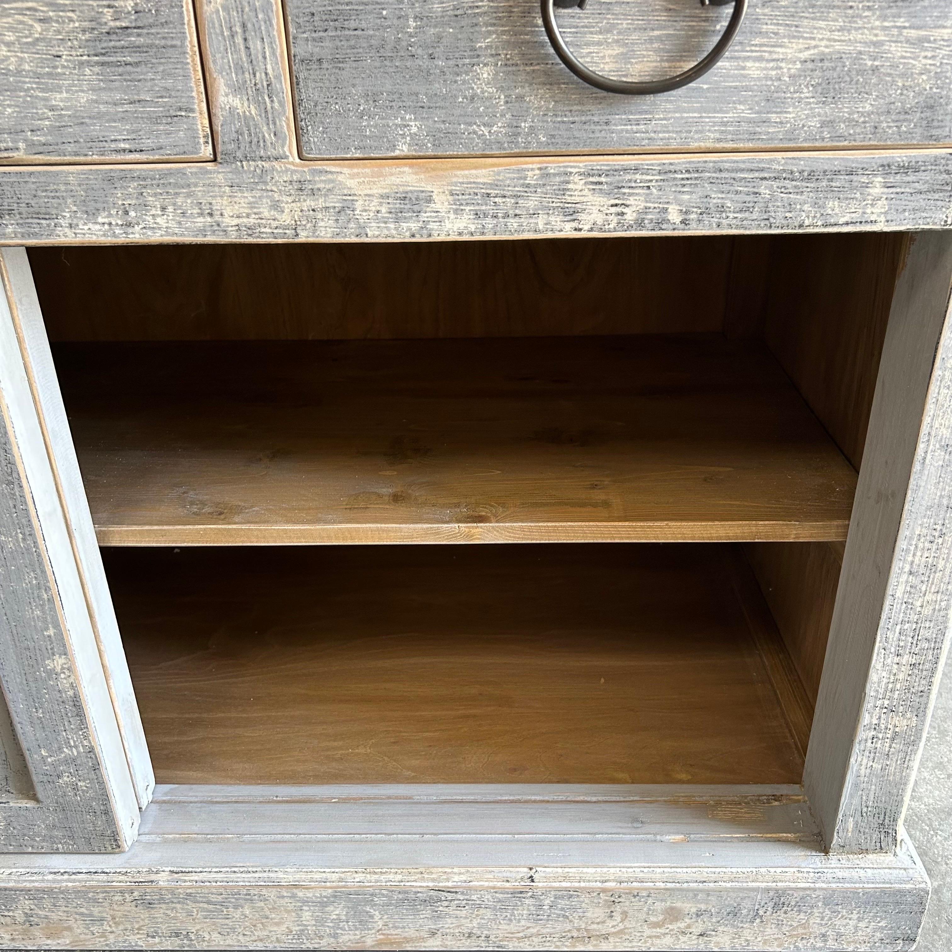 Organic Modern Custom Made Display Cabinet from Reclaimed Elm Wood in Distressed Gray Finish For Sale