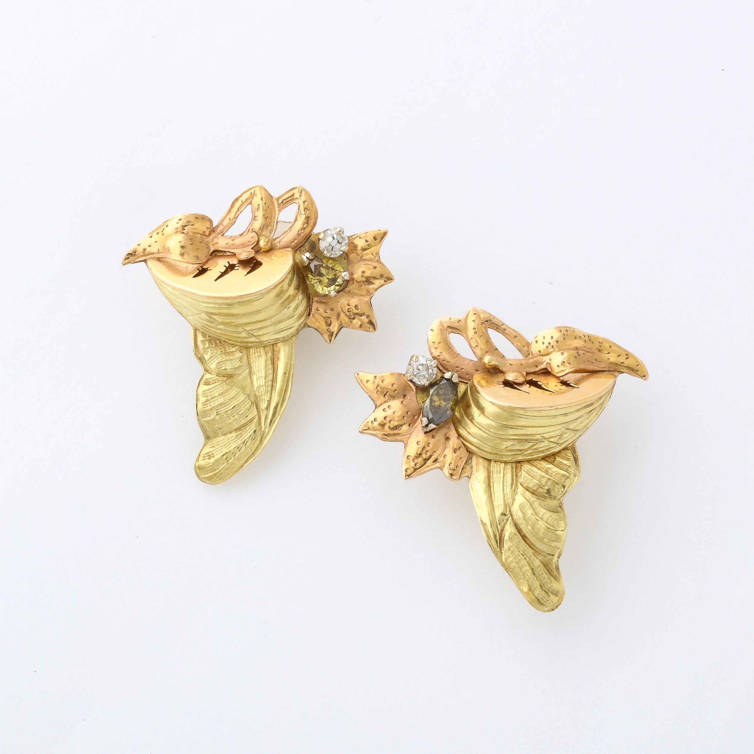 Custom made Earrings by Barnaby in 18K Rose and Yellow Gold and Diamonds  In Excellent Condition For Sale In New York, NY