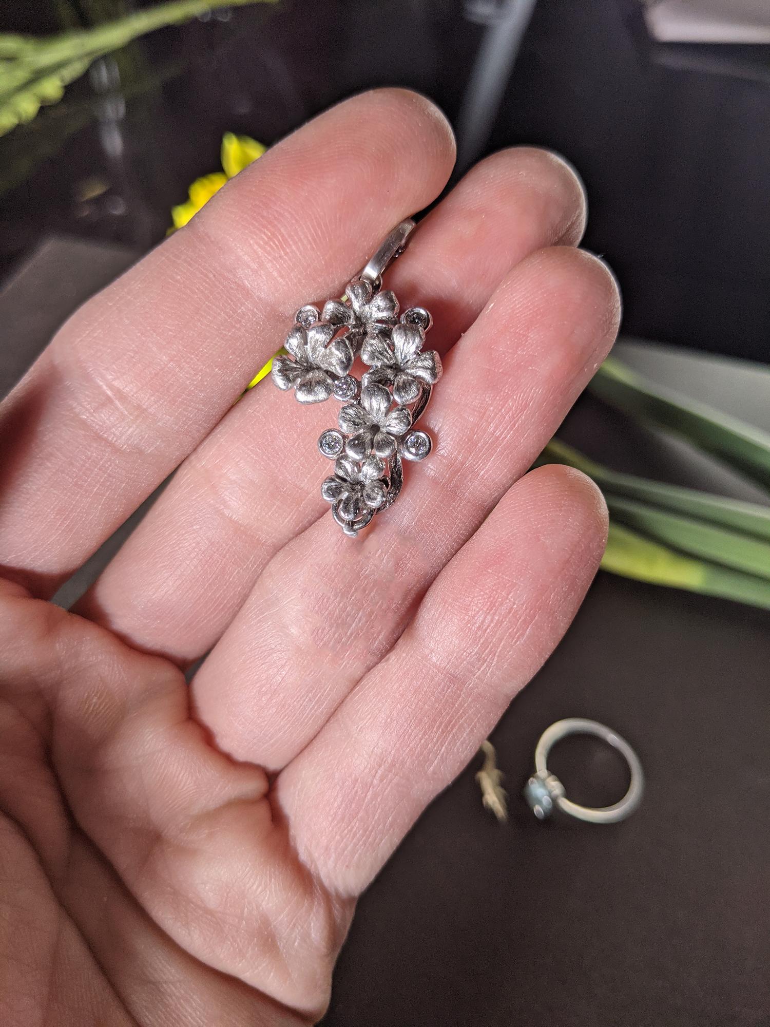 Custom-Made Eighteen Karat White Gold Transformer Blossom Brooch with Diamonds For Sale 9