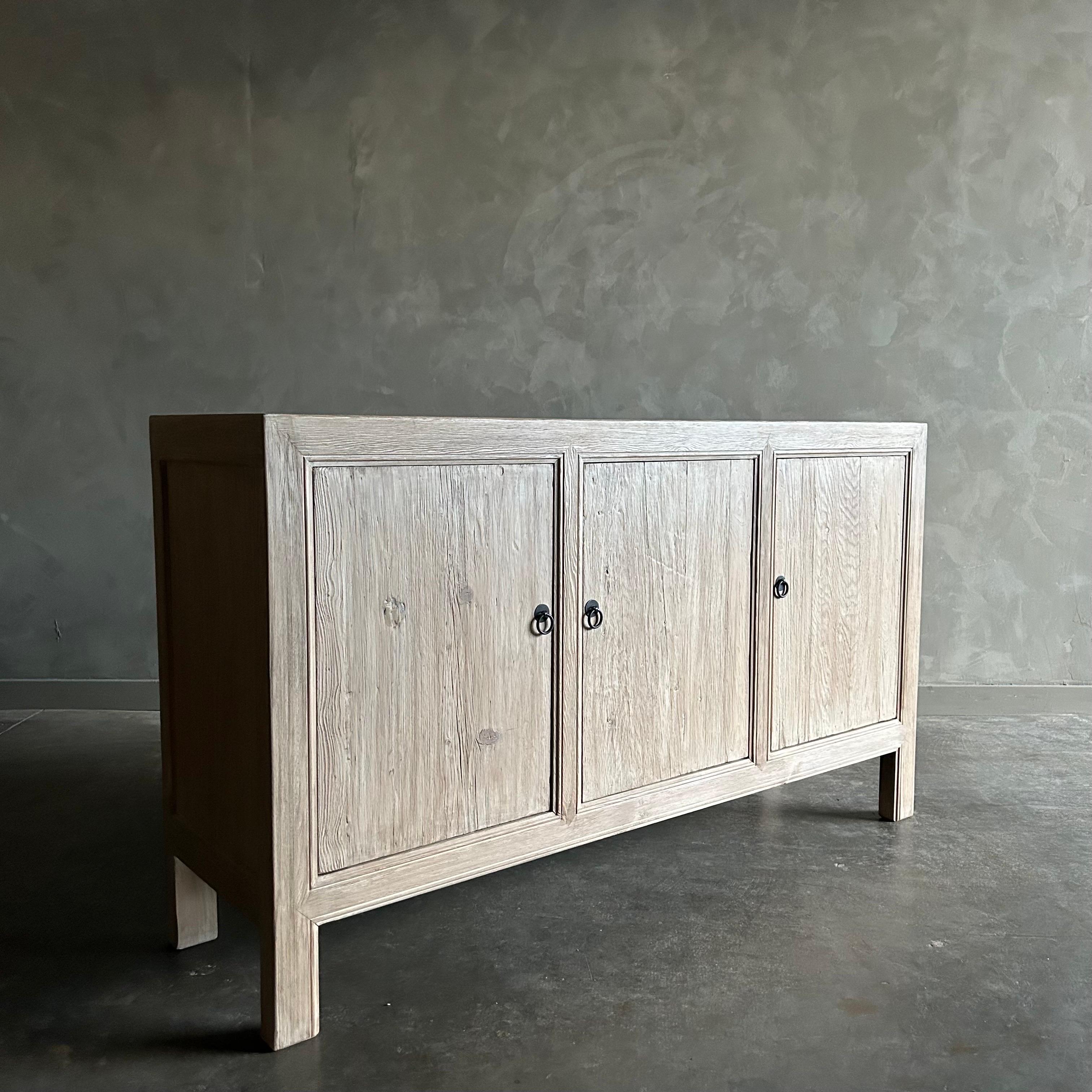 Organic Modern Custom Made Elm Wood 3 Door Buffet Cabinet For Sale