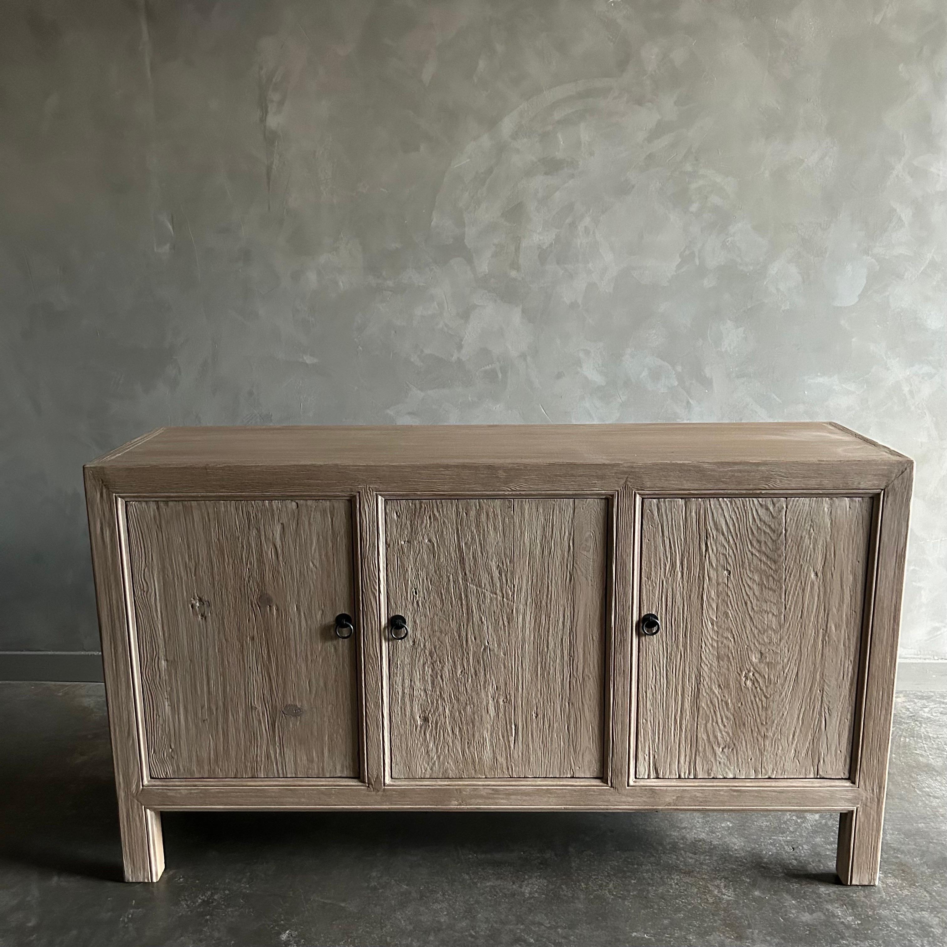Hand-Crafted Custom Made Elm Wood 3 Door Buffet Cabinet For Sale