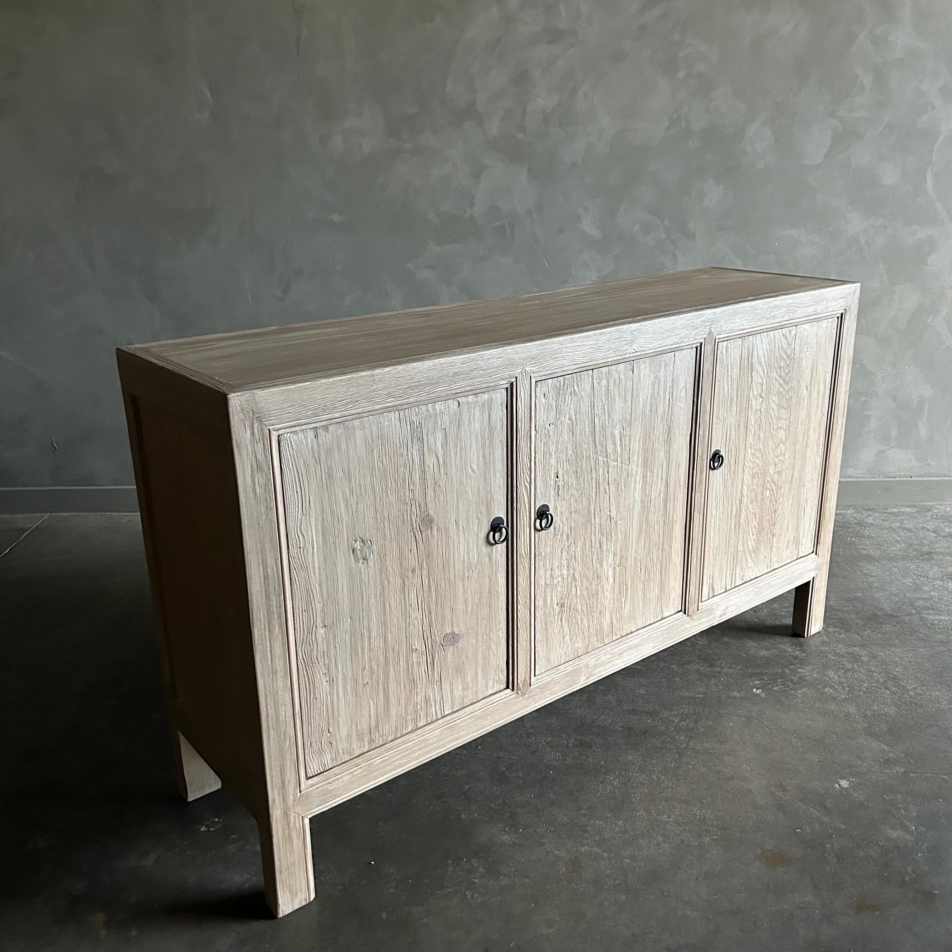 Custom Made Elm Wood 3 Door Buffet Cabinet In New Condition For Sale In Brea, CA