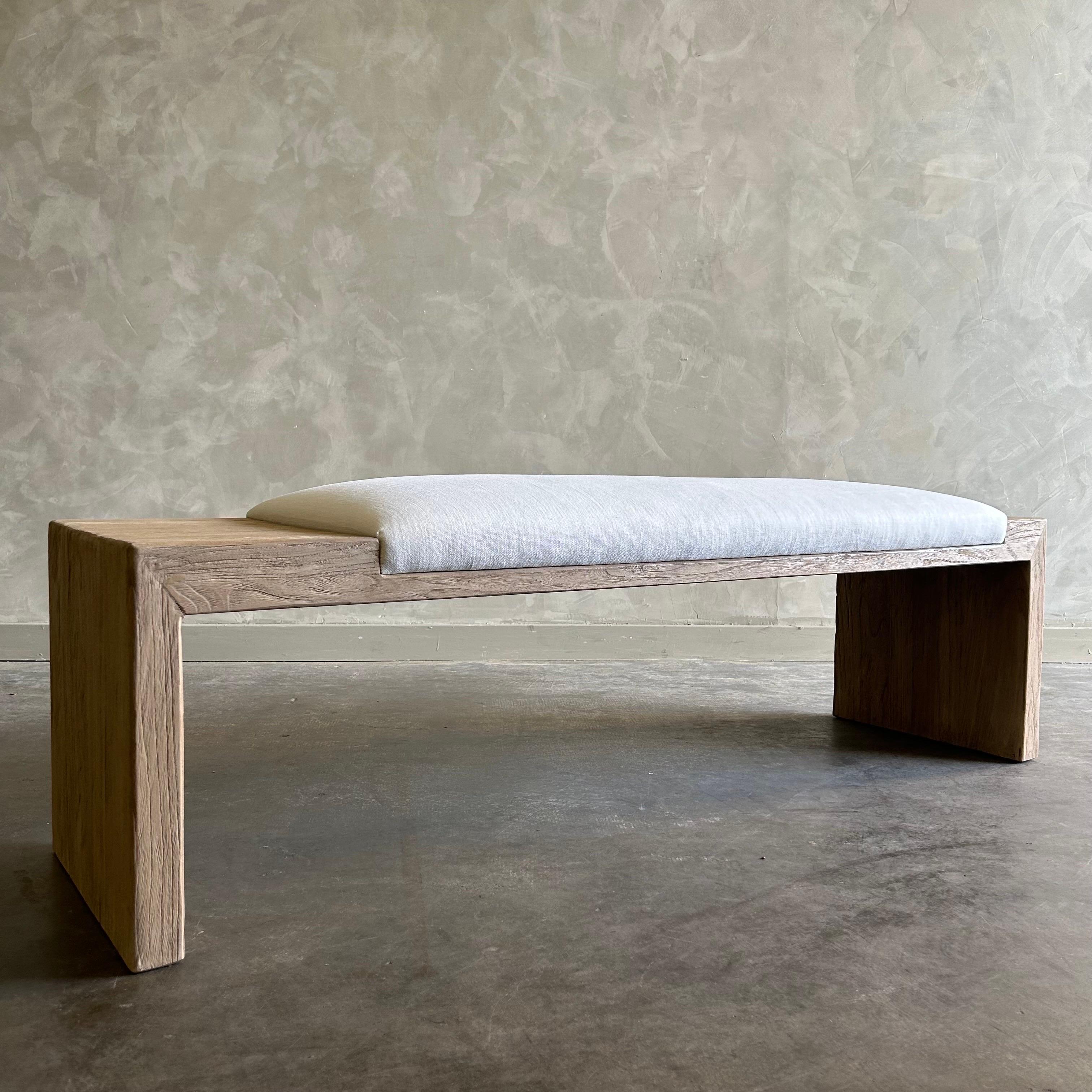 Organic Modern Custom Made Elm Wood Bench with Linen Upholstery