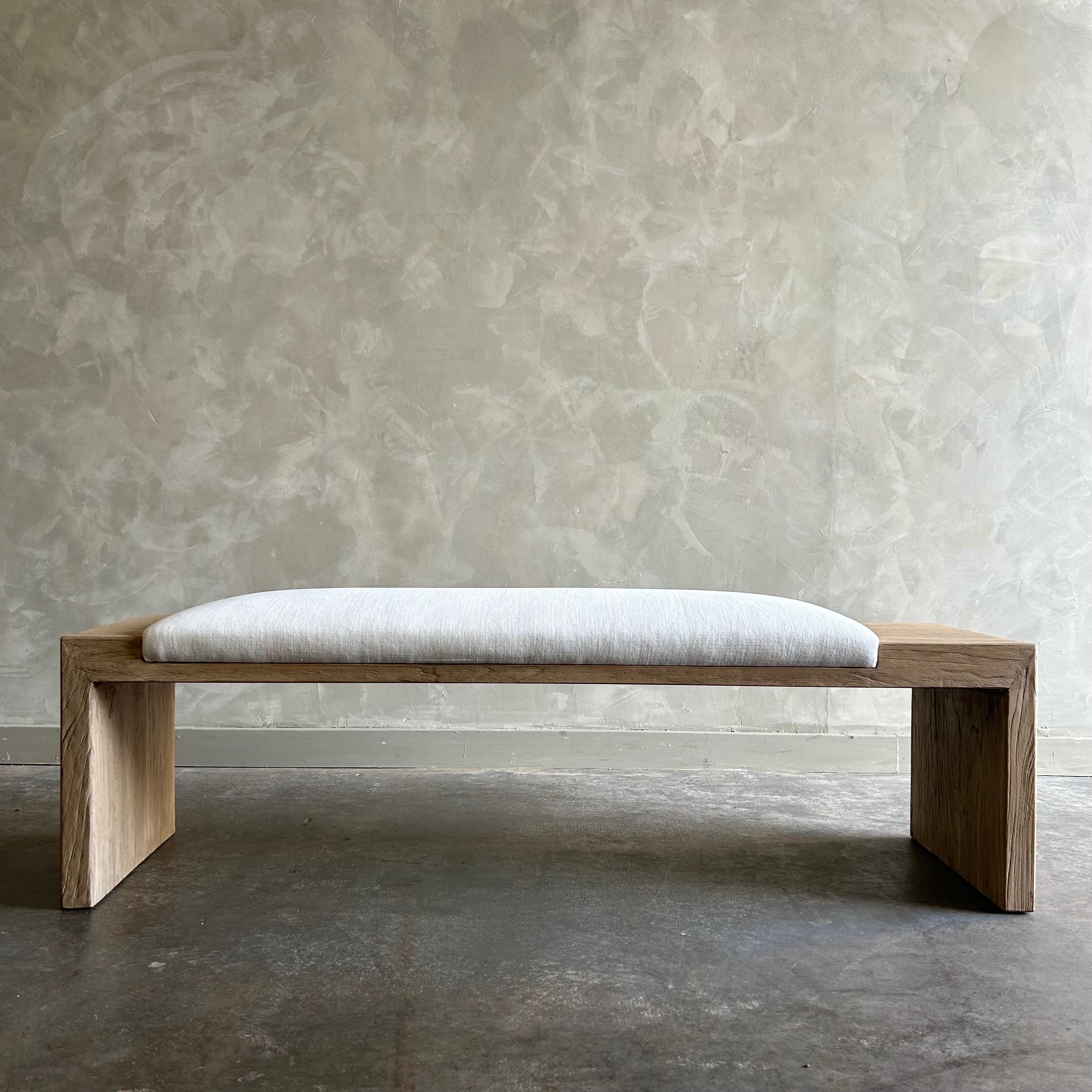 Hand-Crafted Custom Made Elm Wood Bench with Linen Upholstery