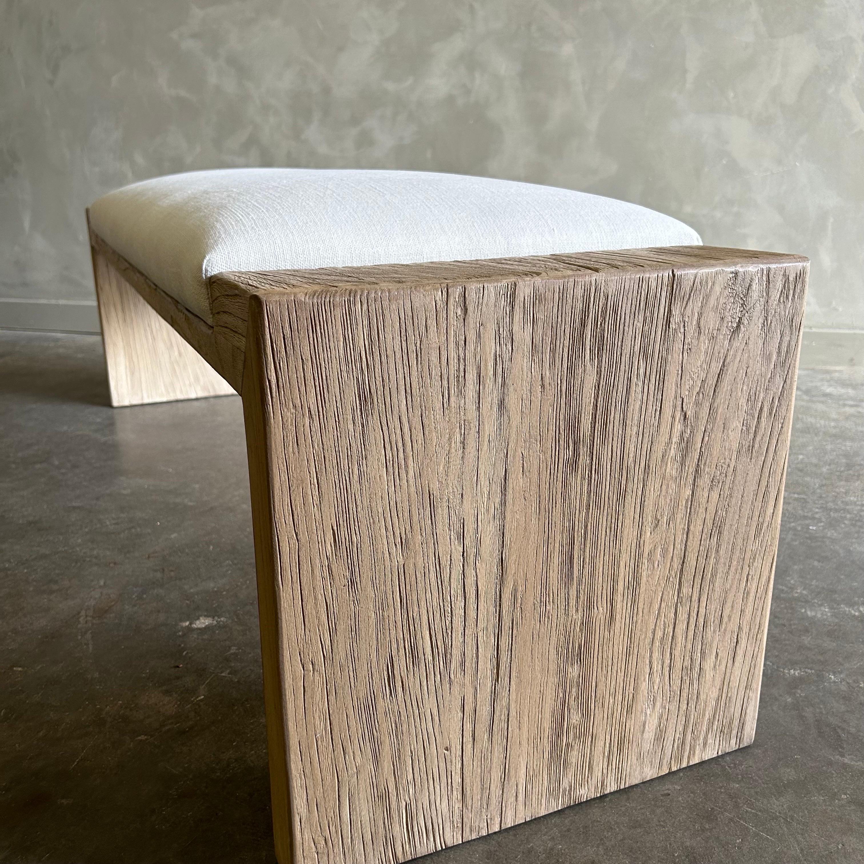 Contemporary Custom Made Elm Wood Bench with Linen Upholstery