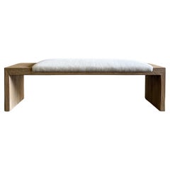 Custom Made Elm Wood Bench with Linen Upholstery - Off Center