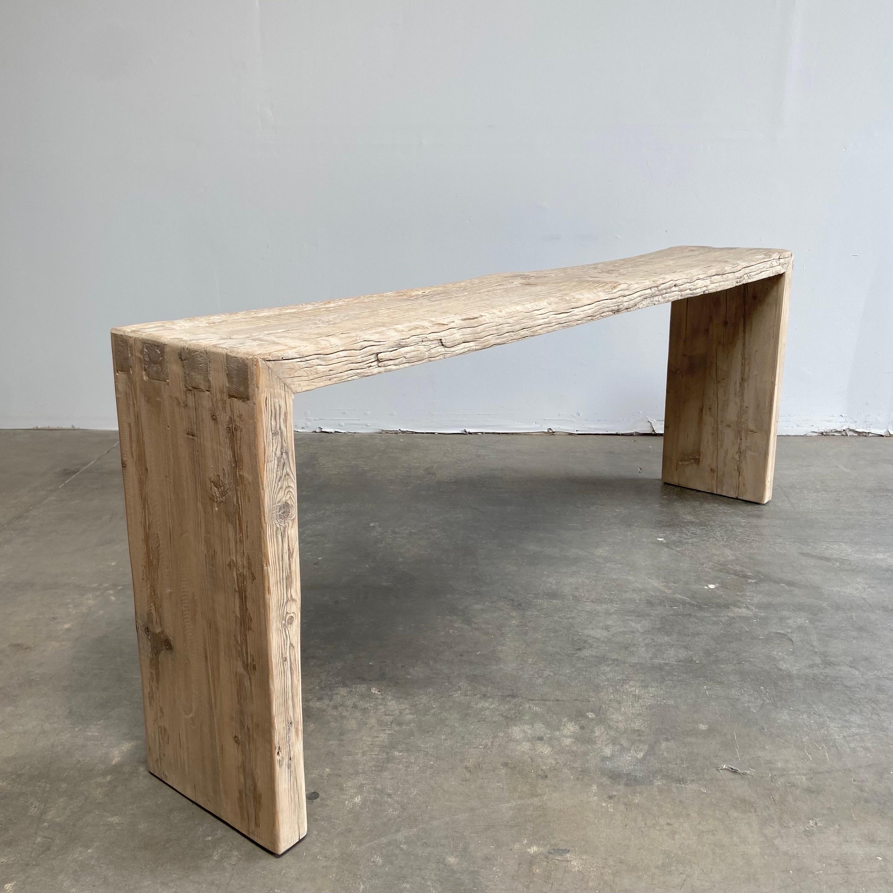 Reclaimed elm wood console table Made from vintage reclaimed elm wood. Beautiful antique patina, with weathering and age, these are solid and sturdy ready for daily use, use as an entry table, sofa table or console in a dining room. Great in a