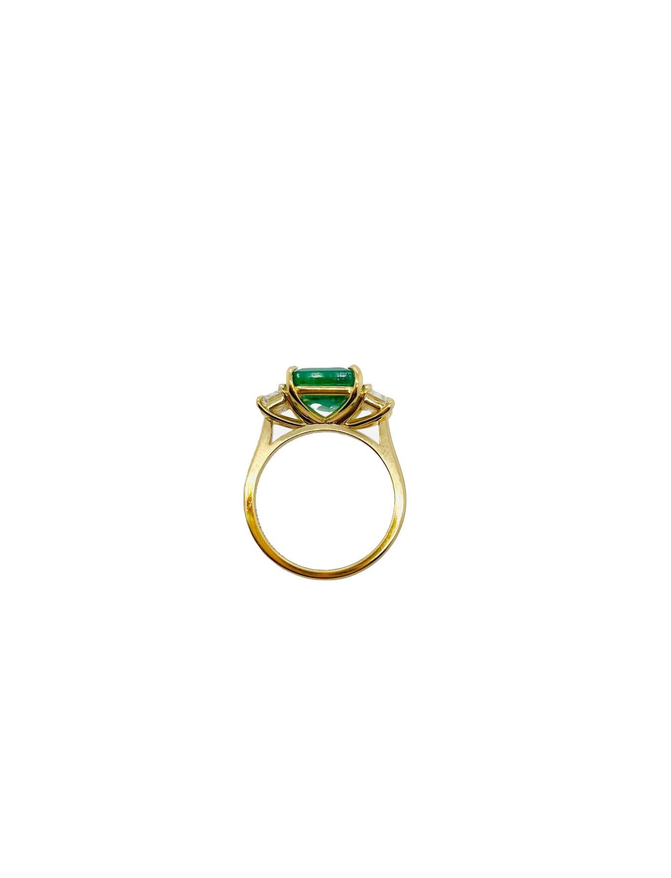 For Sale:  Custom made 3.50ct Emerald and diamond Trilogy style ring in 18ct yellow gold  3