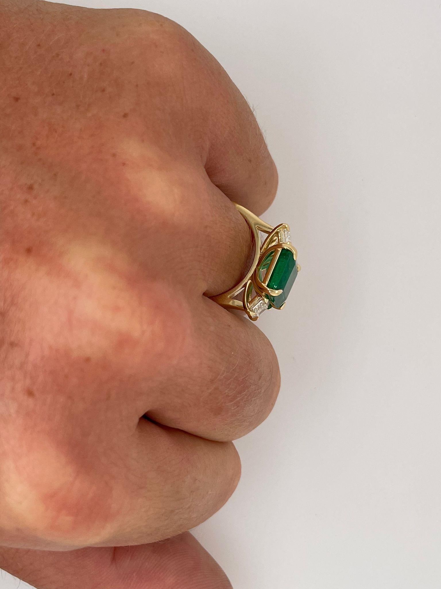 For Sale:  Custom made 3.50ct Emerald and diamond Trilogy style ring in 18ct yellow gold  7