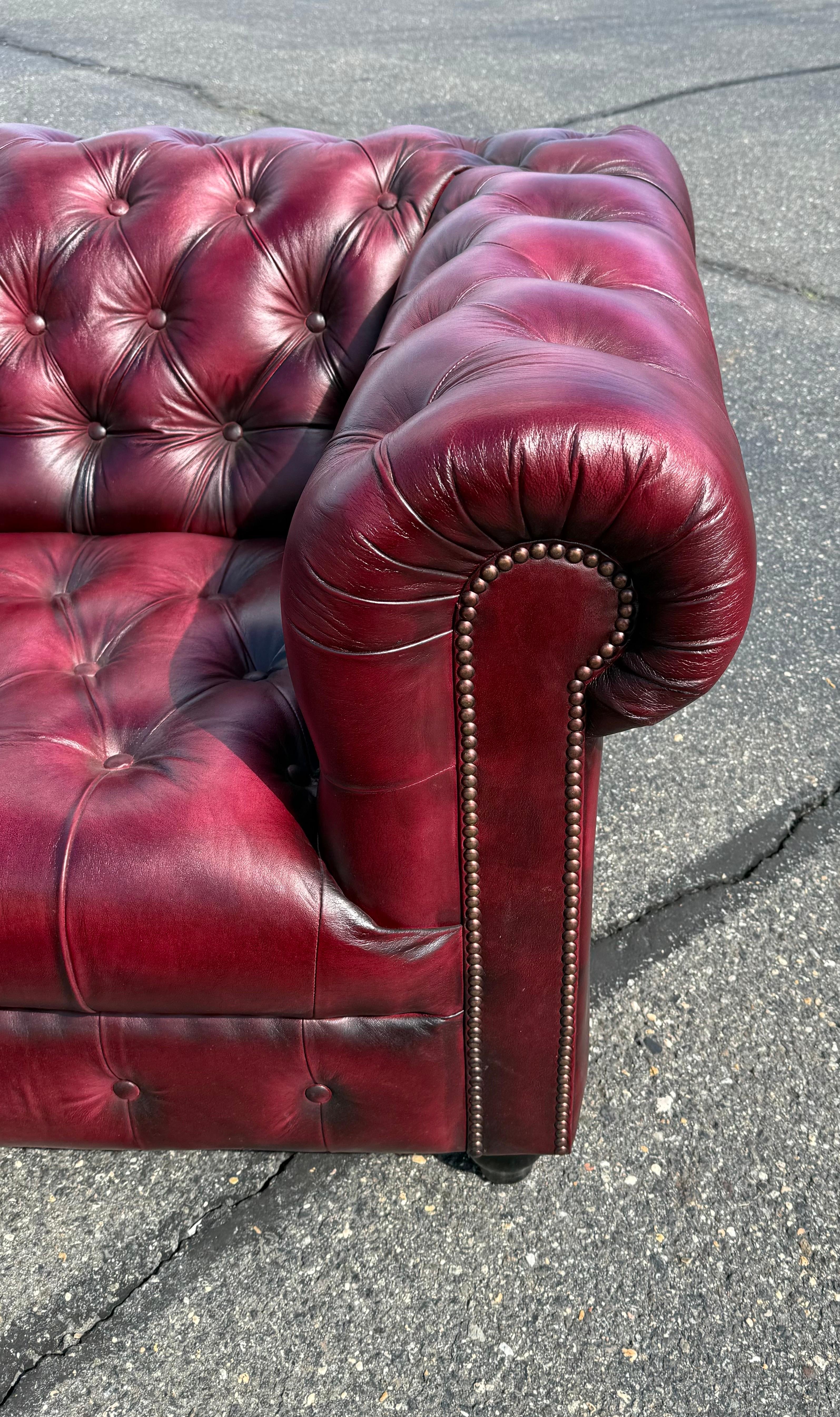 Custom-Made English Leather Oxblood Tufted Bench 87 inch Chesterfield Sofa For Sale 8