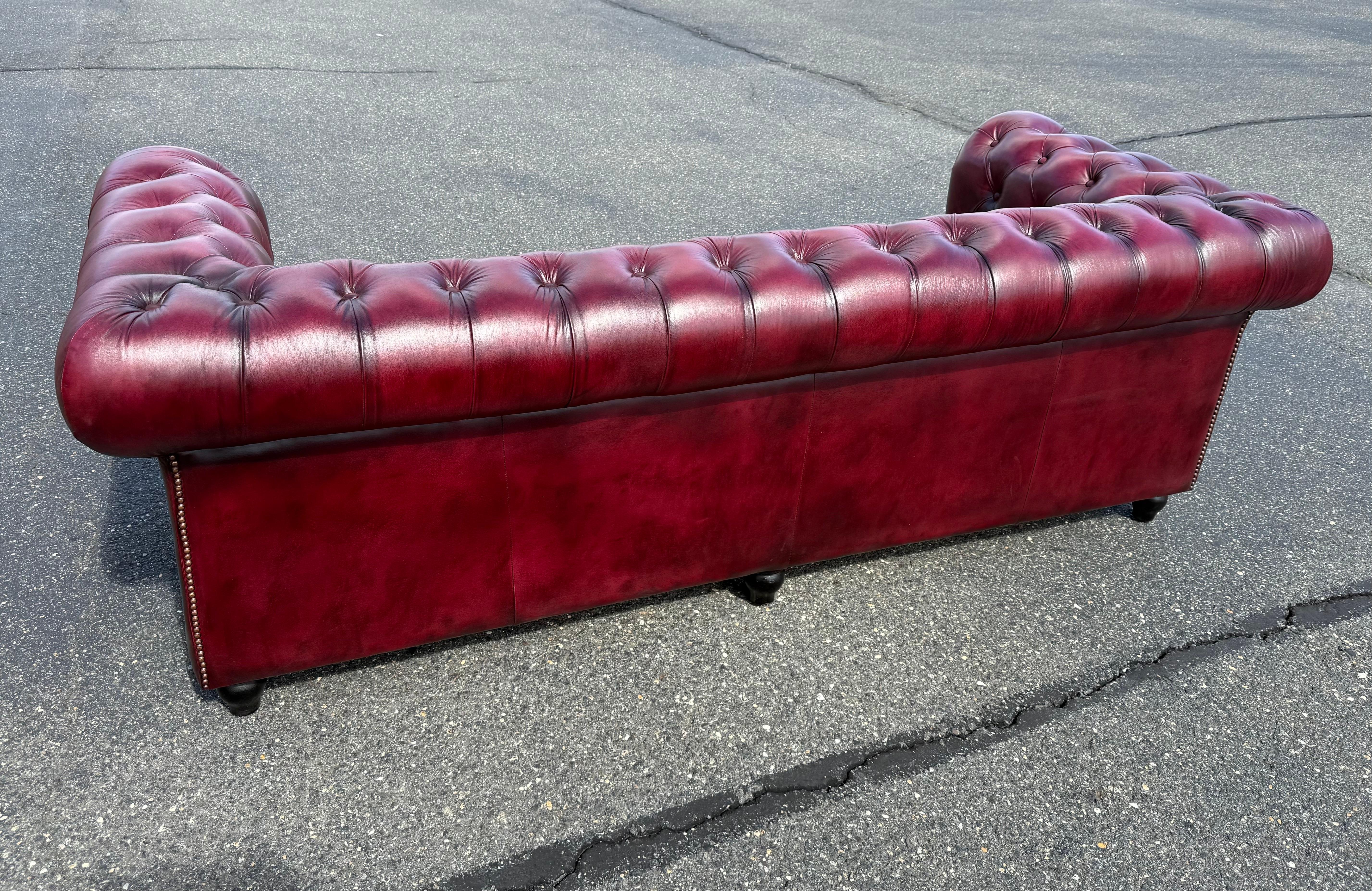 Custom-Made English Leather Oxblood Tufted Bench 87 inch Chesterfield Sofa For Sale 9