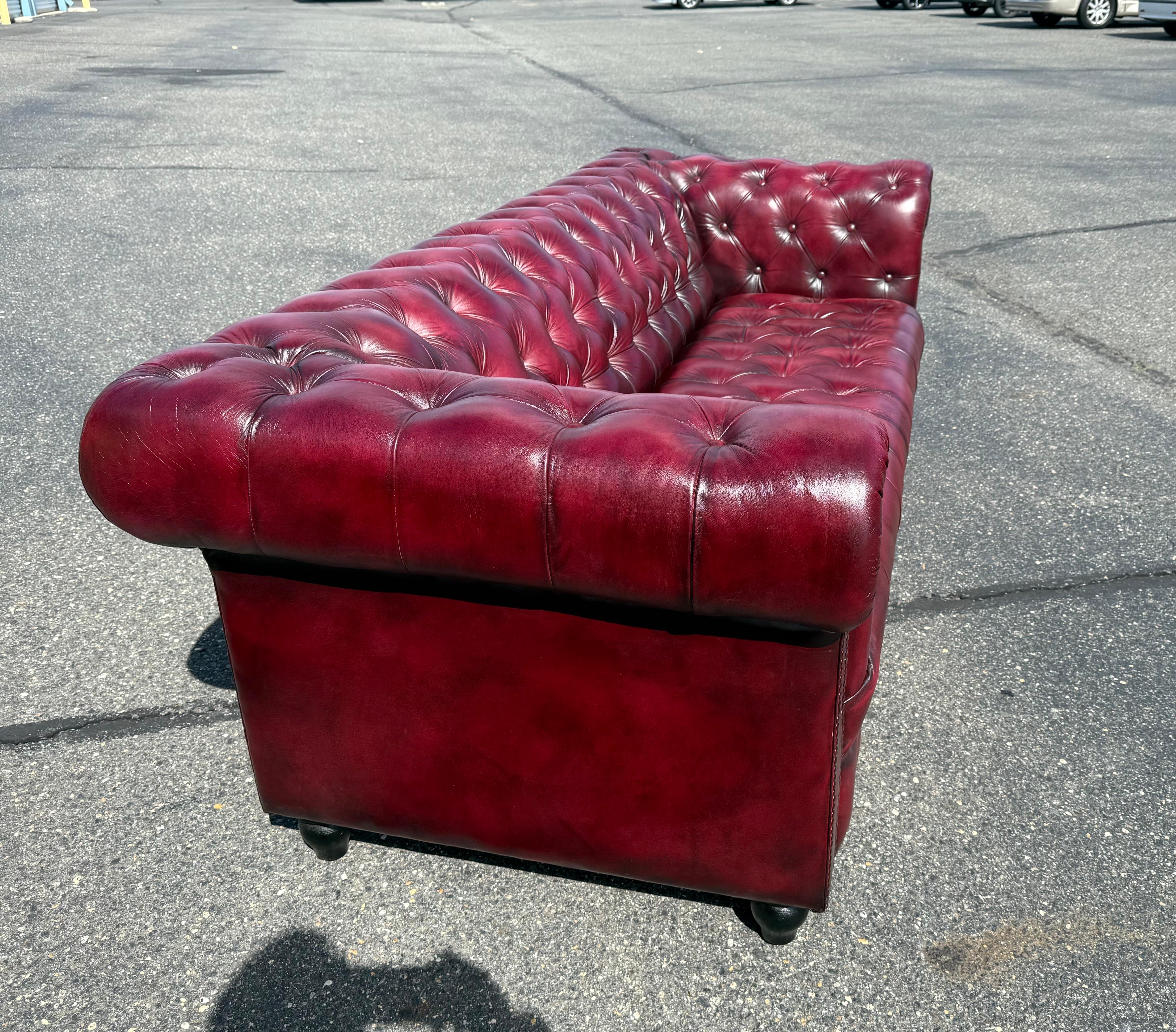 Contemporary Custom-Made English Leather Oxblood Tufted Bench 87 inch Chesterfield Sofa For Sale