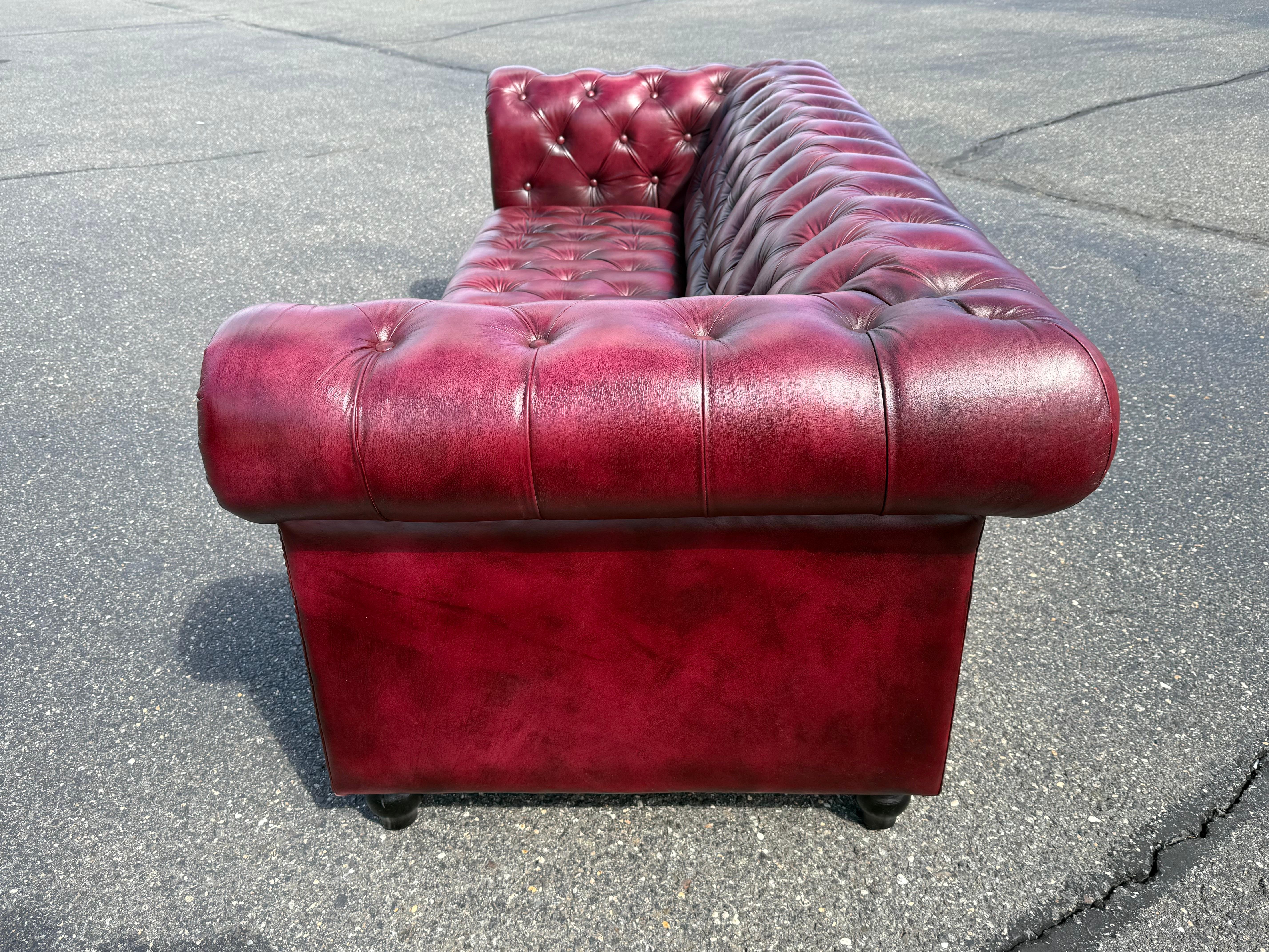 Custom-Made English Leather Oxblood Tufted Bench 87 inch Chesterfield Sofa For Sale 1