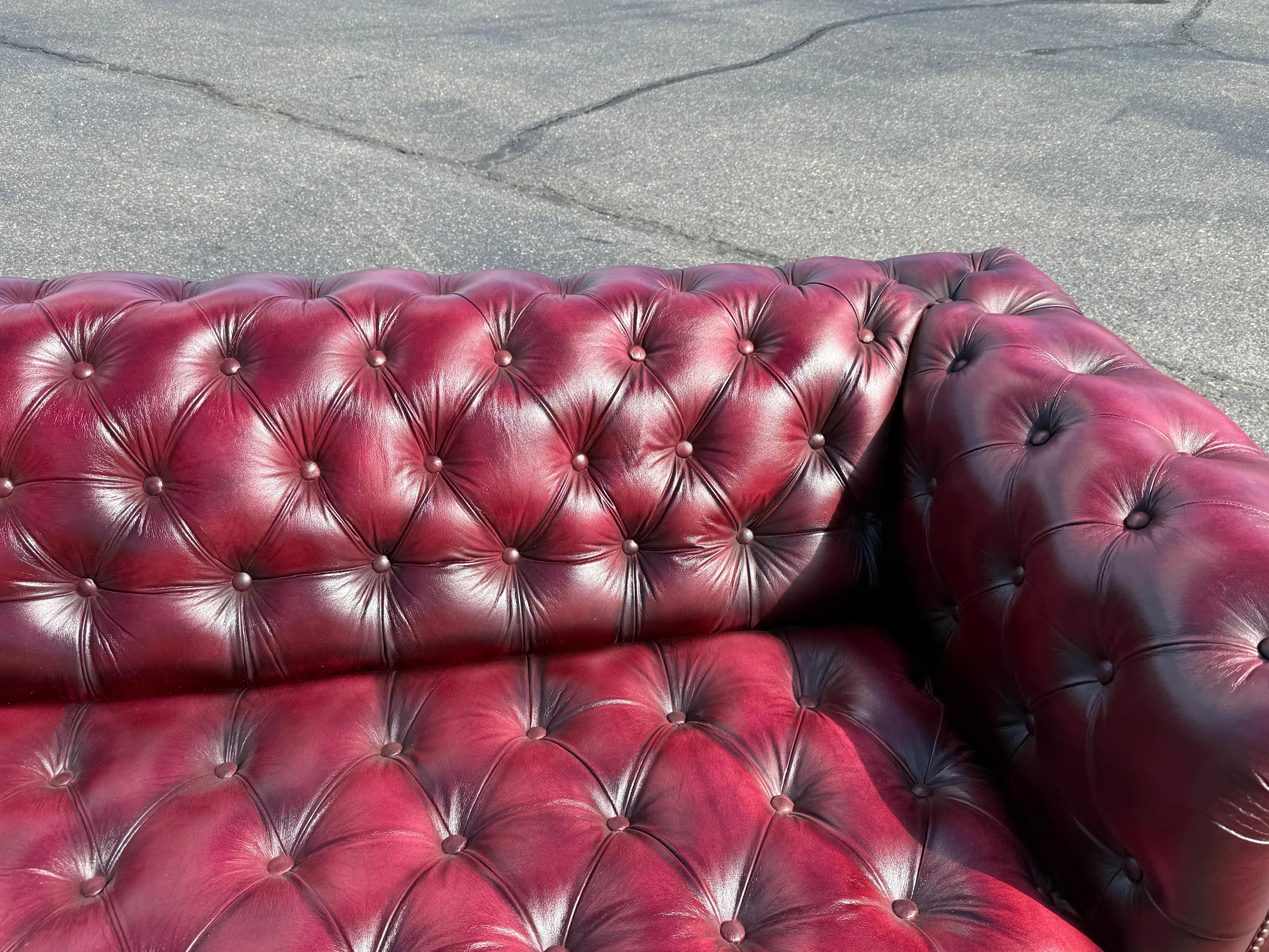 Custom-Made English Leather Oxblood Tufted Bench 87 inch Chesterfield Sofa For Sale 2