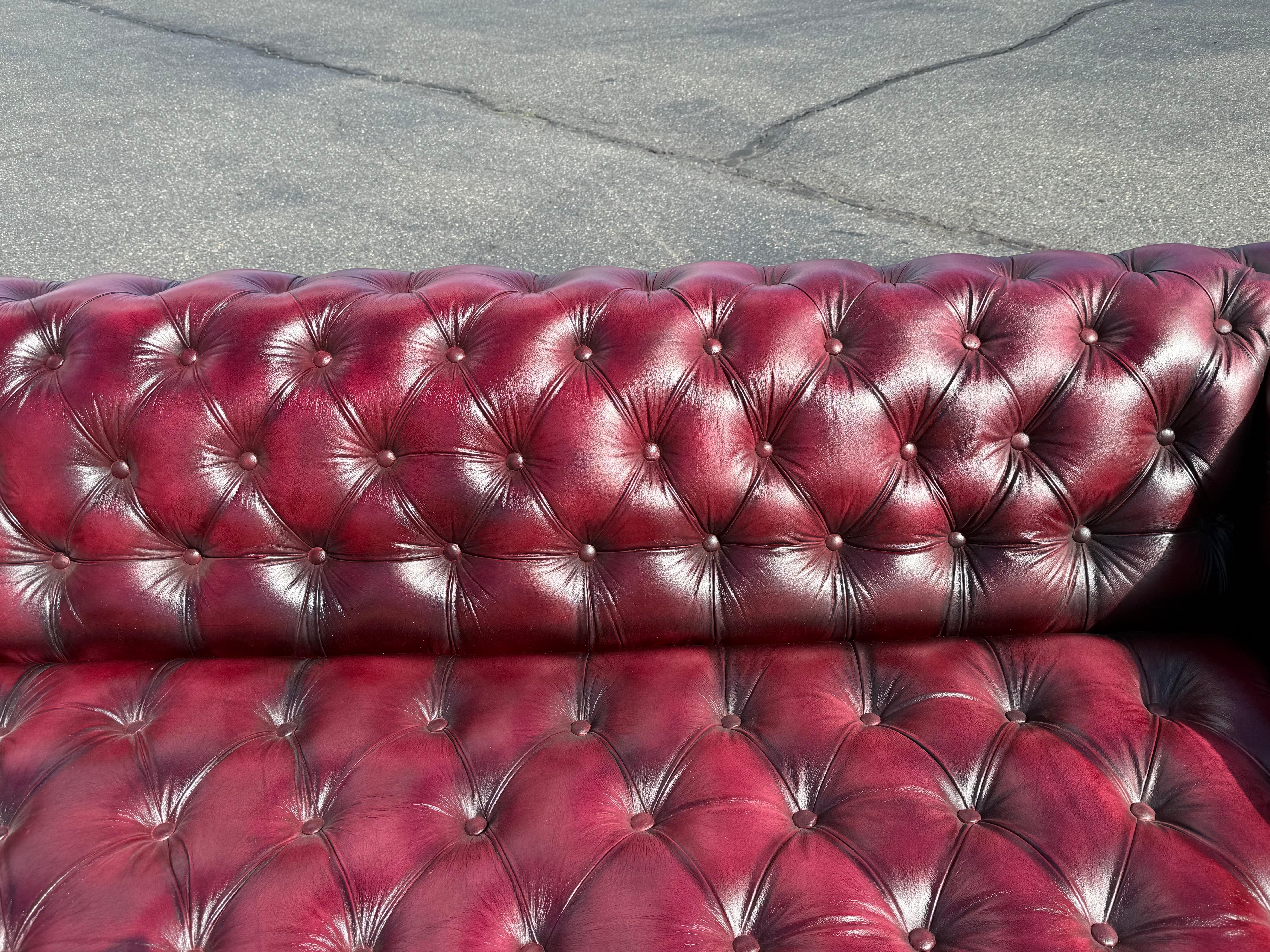 Custom-Made English Leather Oxblood Tufted Bench 87 inch Chesterfield Sofa For Sale 3