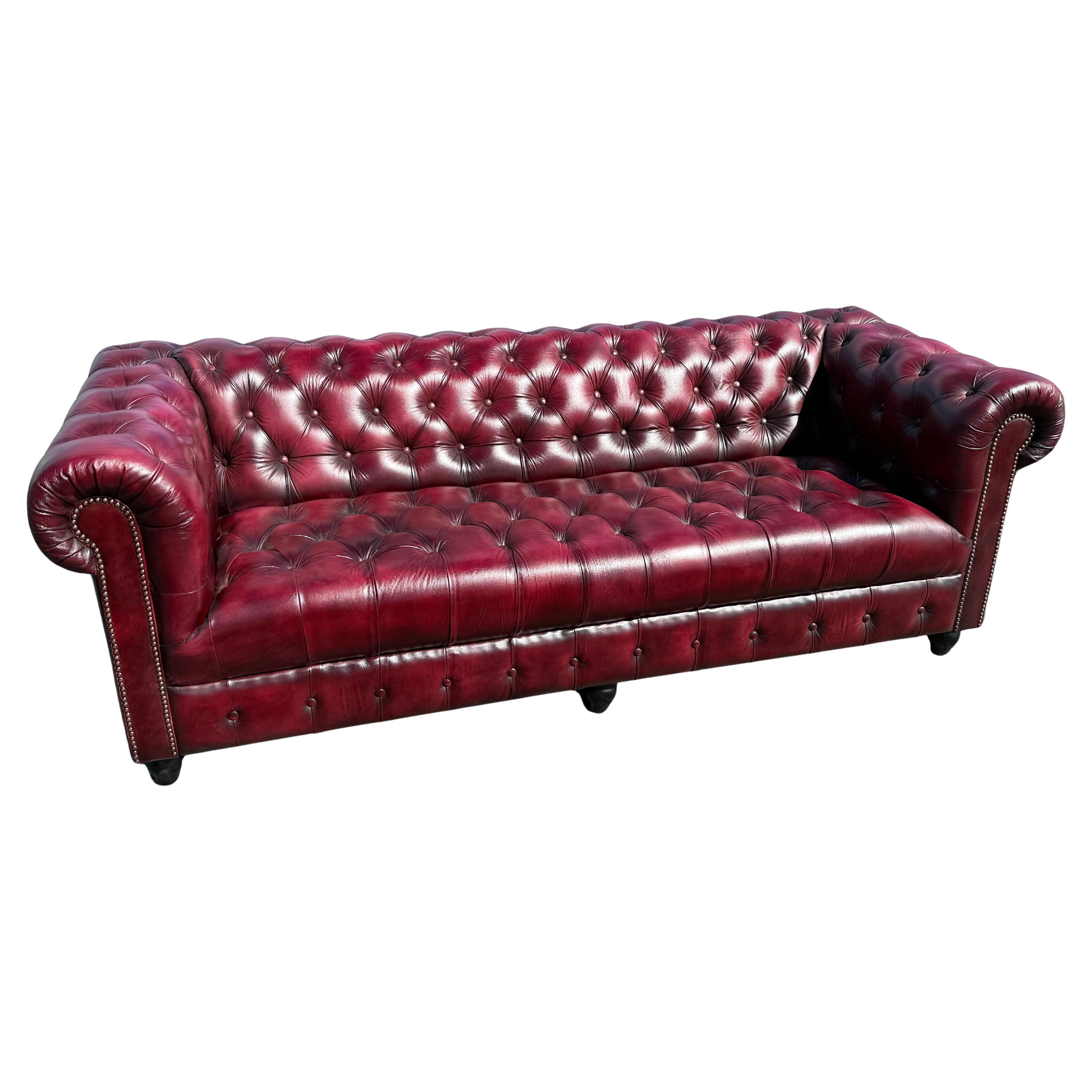 Custom-Made English Leather Oxblood Tufted Bench 87 inch Chesterfield Sofa