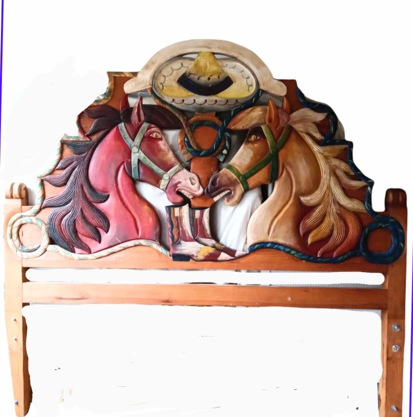 Hardwood Custom Made Equestrian Double Horse Head Carved Wood King Size Headboard For Sale