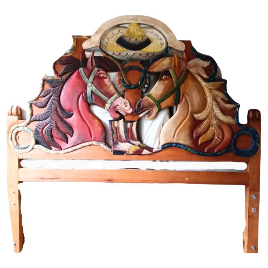 Custom Made Equestrian Double Horse Head Carved Wood King Size Headboard For Sale