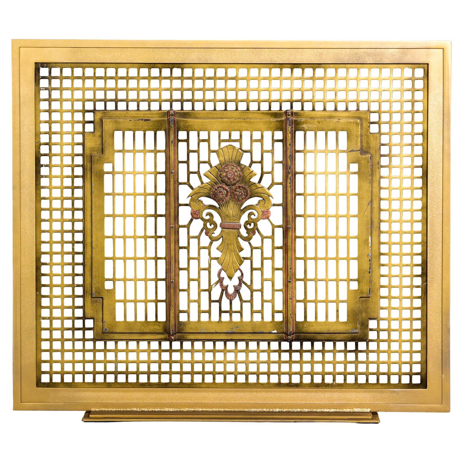 Custom Made Fireplace Screen with Vintage Bronze Art Deco Grill