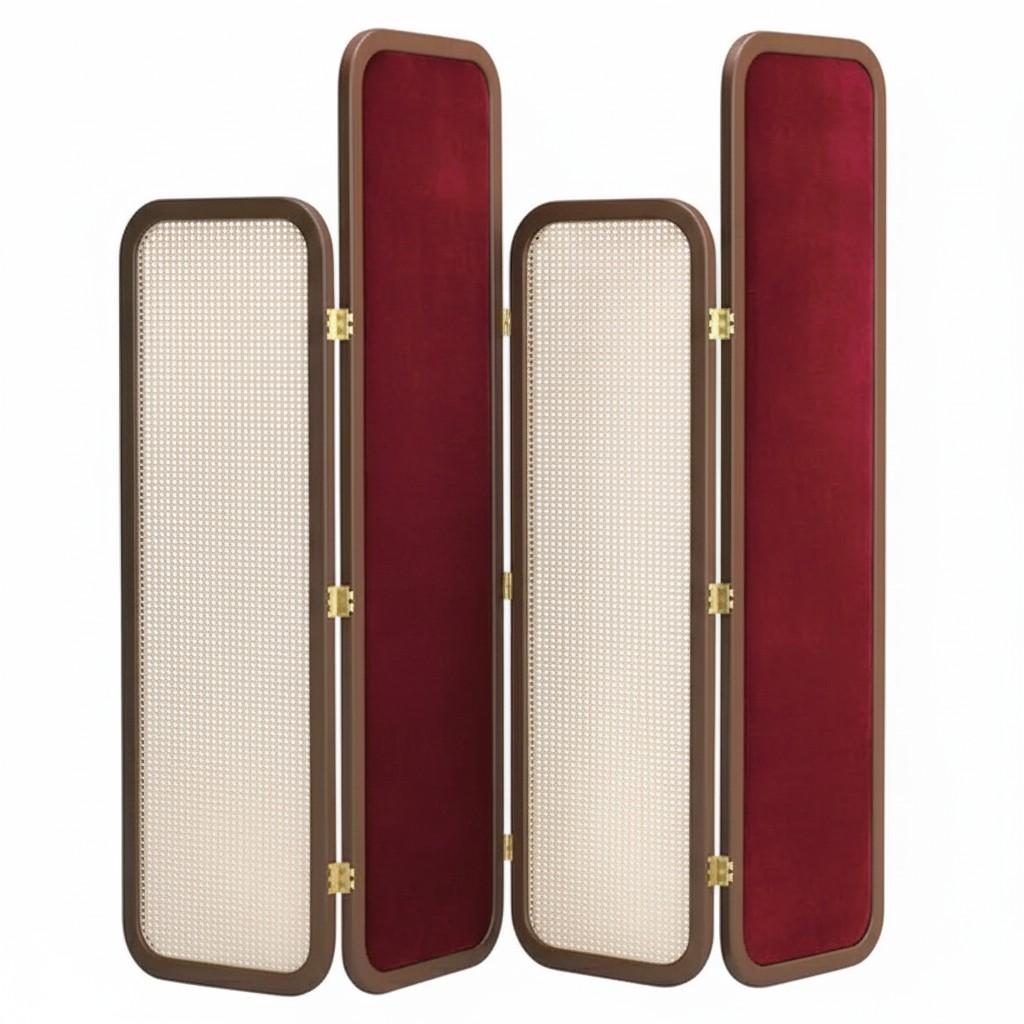 This elegant four-panel folding screen features sleek, rounded corners. The two shorter panels are crafted from walnut wood with an extra matte finish, and their rattan inserts add a touch of natural charm. The two taller panels are also made from