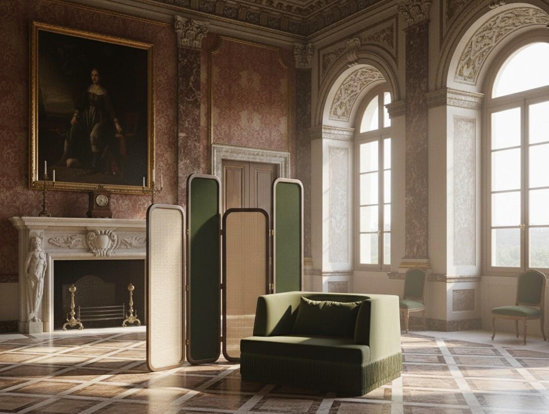 Custom Made Folding Screen in Walnut Frame with Rattan and Velvet Panels Siglo XXI y contemporáneo en venta