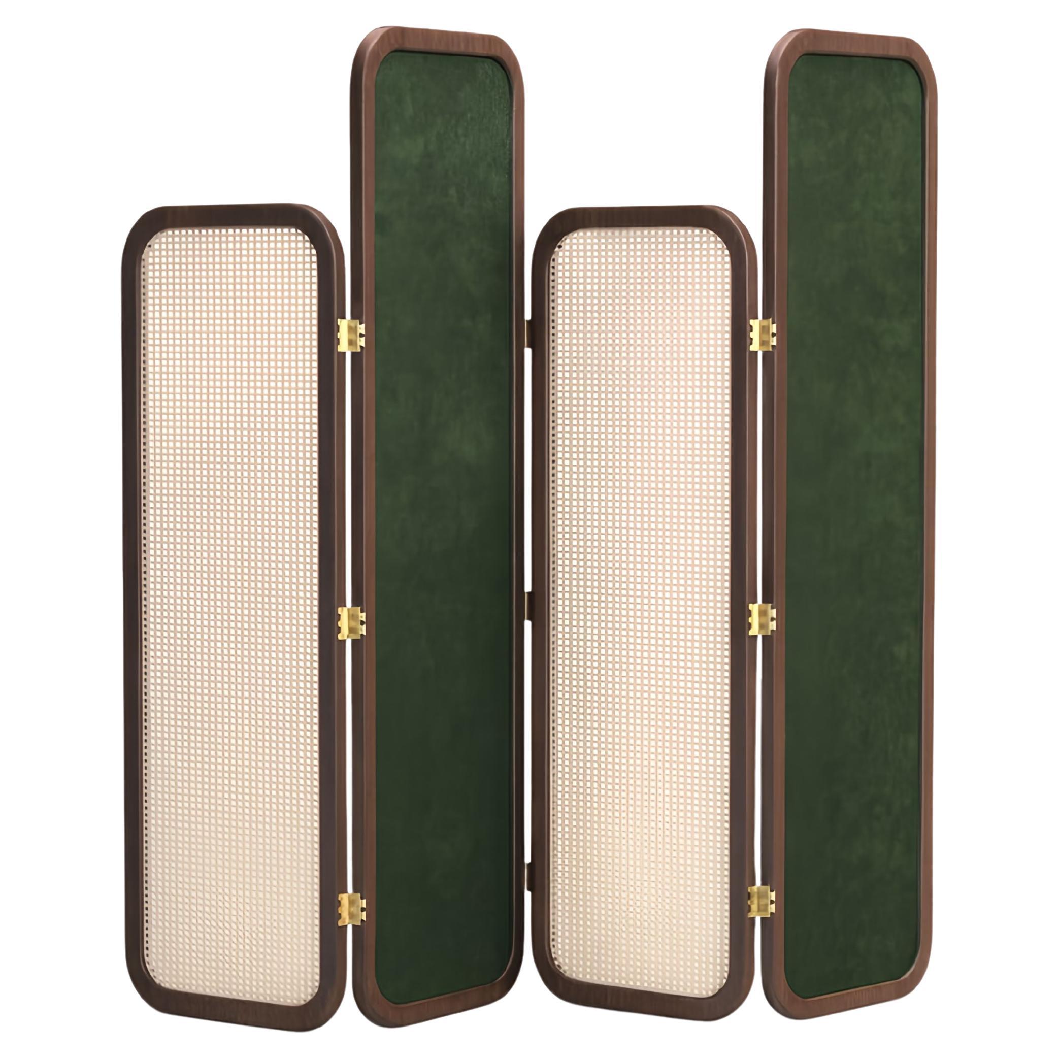 Custom Made Folding Screen in Walnut Frame with Rattan and Velvet Panels