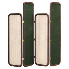 Custom Made Folding Screen in Walnut Frame with Rattan and Velvet Panels