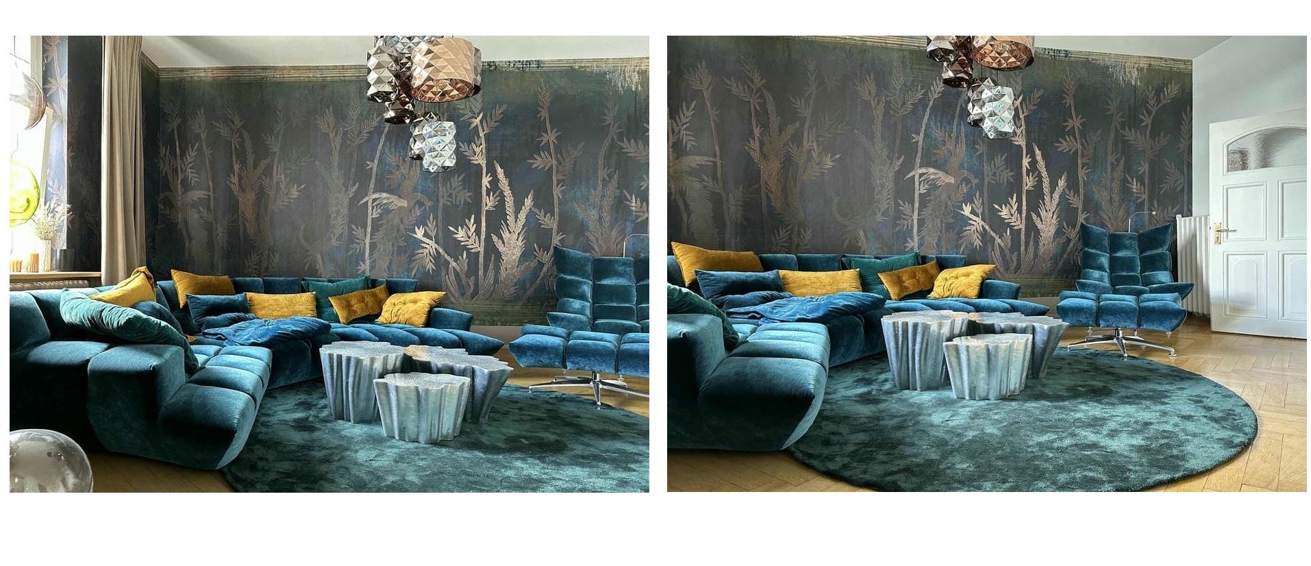 Questo set di tre tavolini bassi contemporanei trae ispirazione dalla bellezza naturale delle sezioni dei tronchi d'albero. Ogni tavolo è realizzato in modo unico con resina, rinforzato con fibra di vetro e rifinito meticolosamente con la tecnica