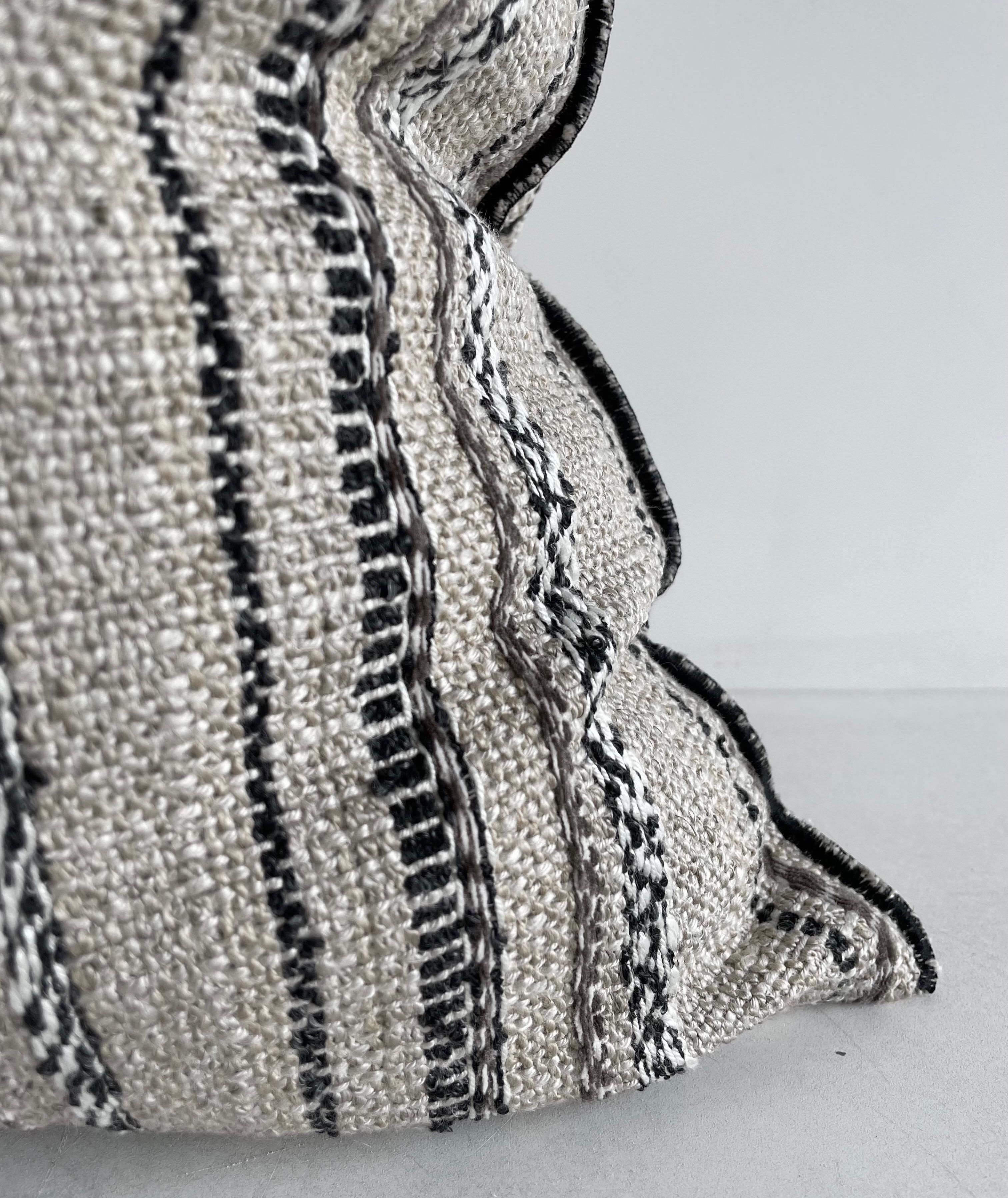 Contemporary Custom Made French Linen Pillow Natural Linen with Black Embroidered Stripe