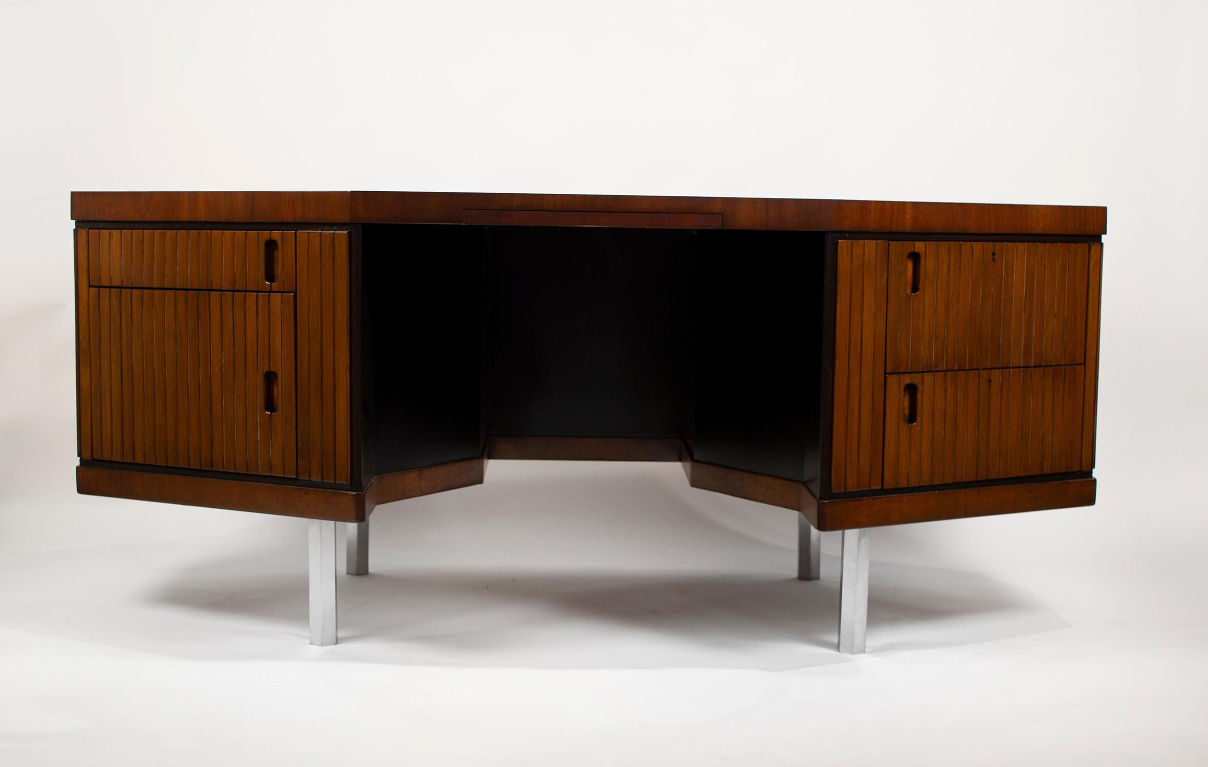 Mid-Century Modern Pierre Paulin Desk Custom Made Hexagonal French Ribbon Mahogany and Solid Oak
