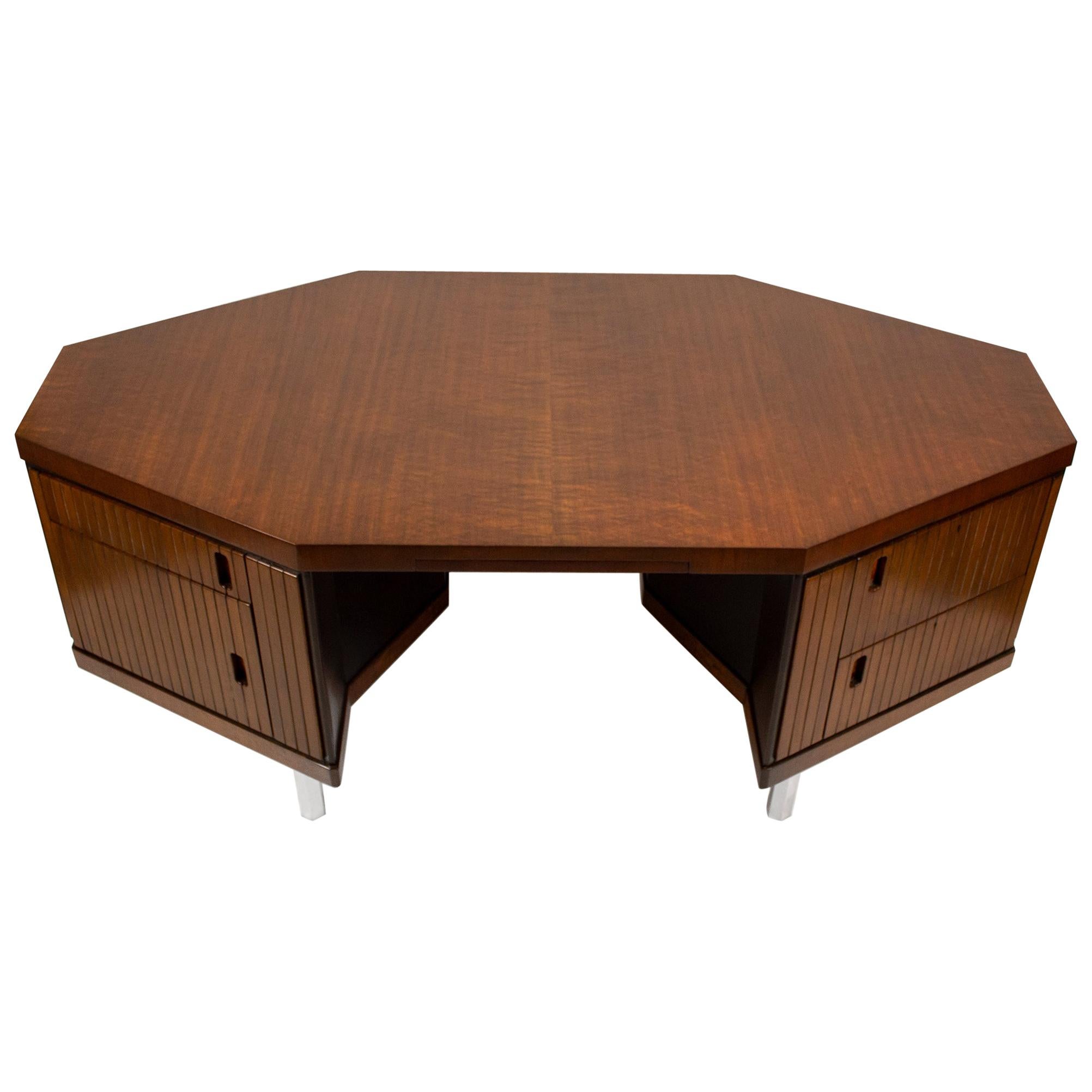 Pierre Paulin Desk Custom Made Hexagonal French Ribbon Mahogany and Solid Oak