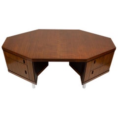 Vintage Pierre Paulin Desk Custom Made Hexagonal French Ribbon Mahogany and Solid Oak