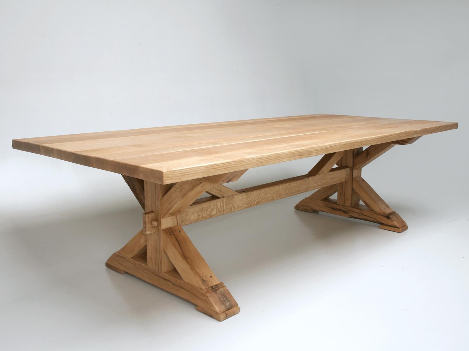 Stunning custom hand-made Country French Style in Reclaimed Oak Farm Table of Dining Room or Kitchen Table precisely copied from a real 18th century French Farm Table we found in France. This table is hand-crafted here in our Chicago Old Plank