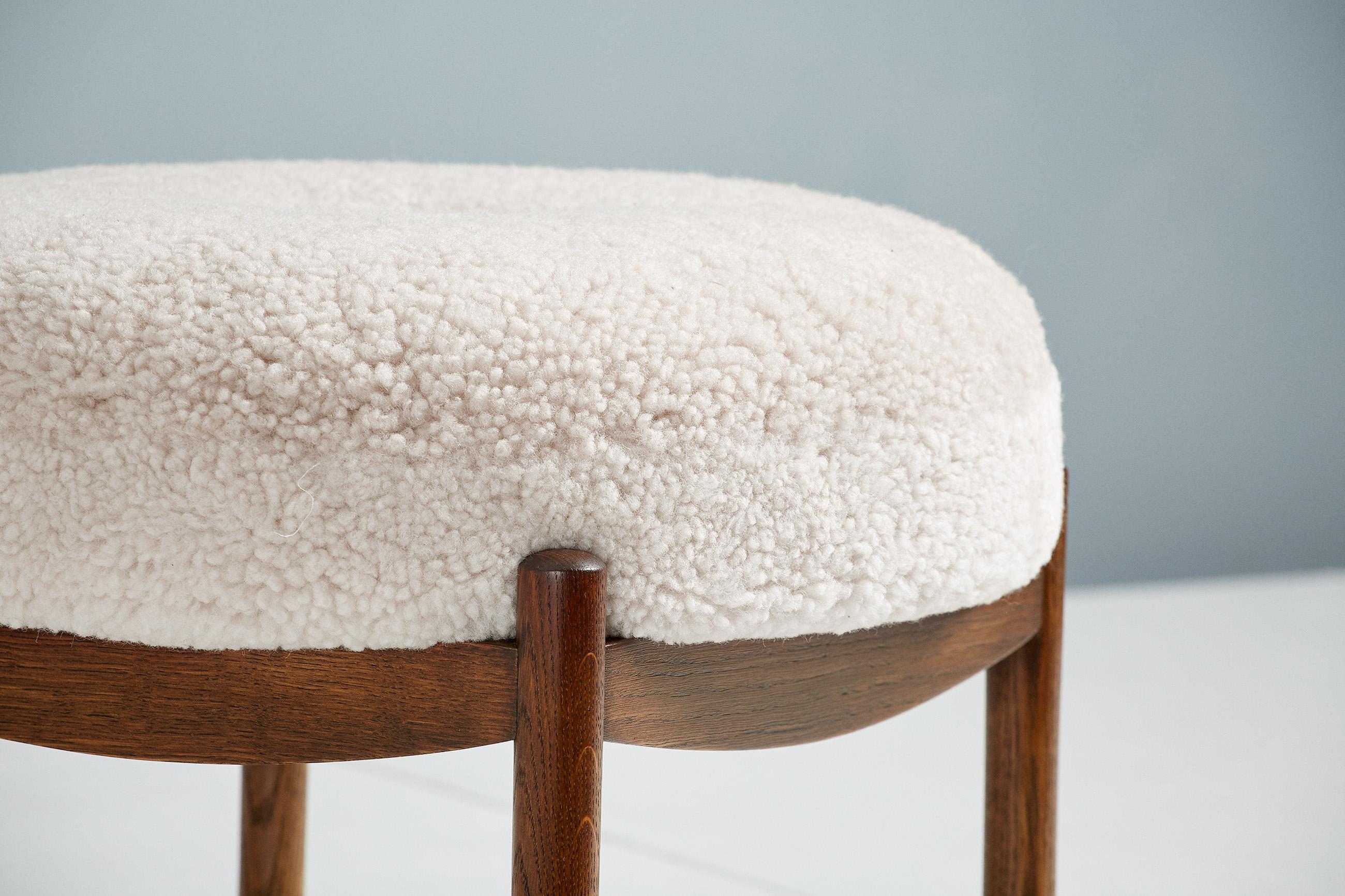 Custom Made Fumed Oak and Boucle Round Ottoman For Sale 3