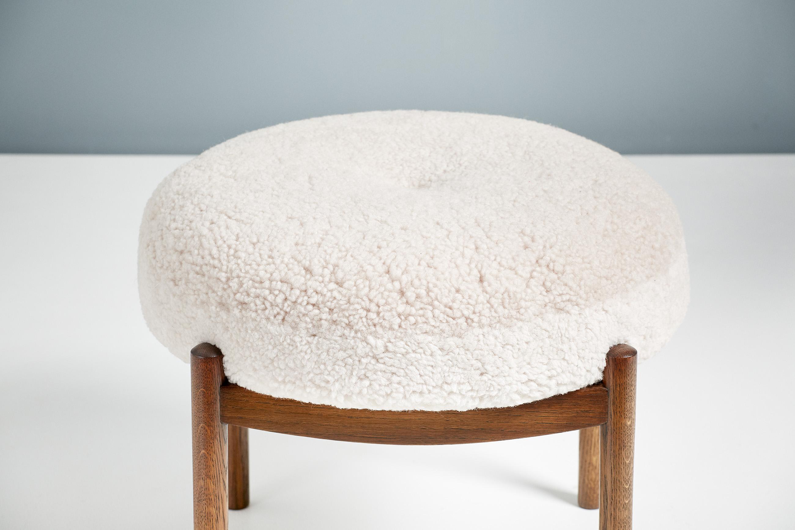 Custom Made Fumed Oak and Boucle Round Ottoman For Sale 6