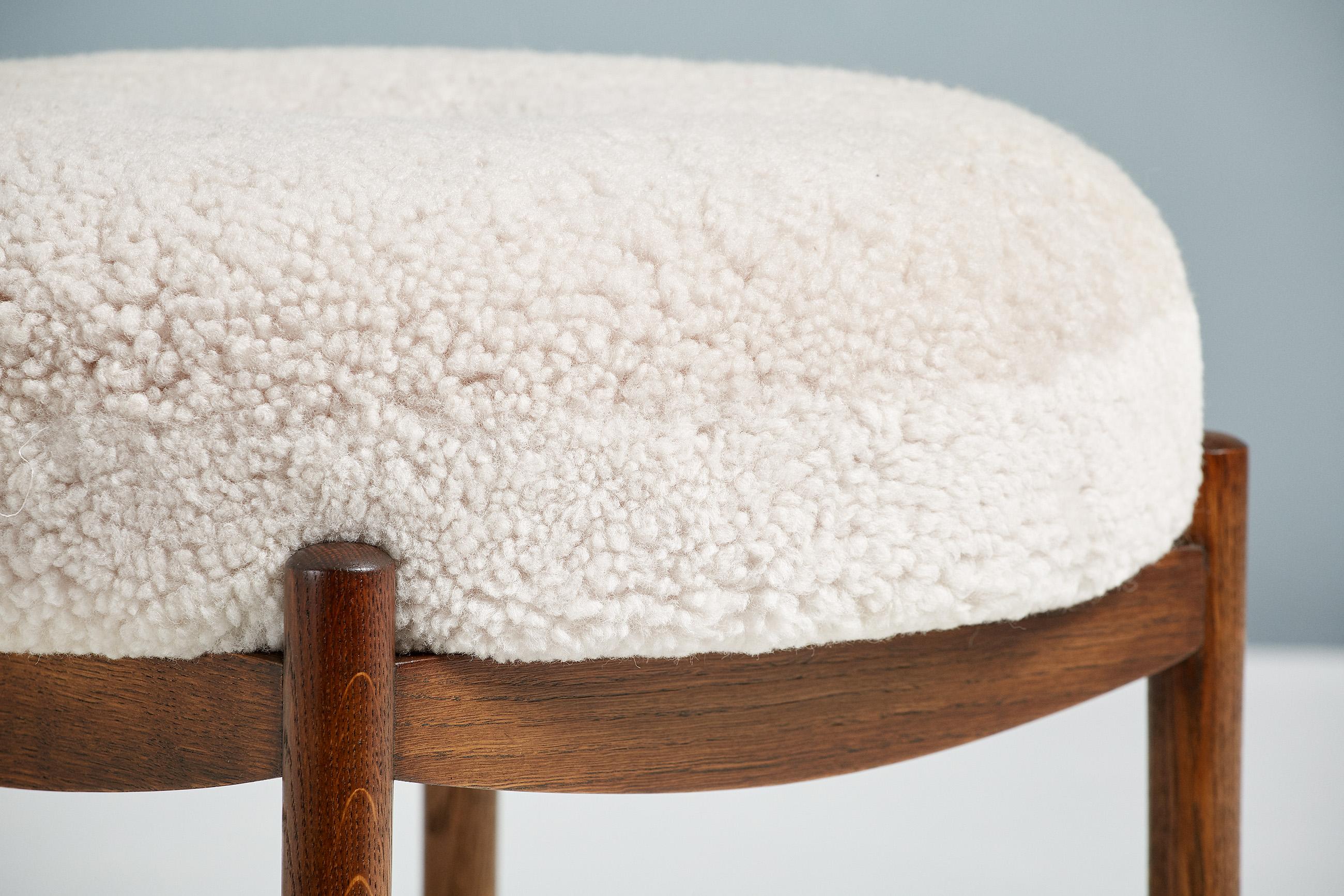 Contemporary Custom Made Fumed Oak and Boucle Round Ottoman For Sale