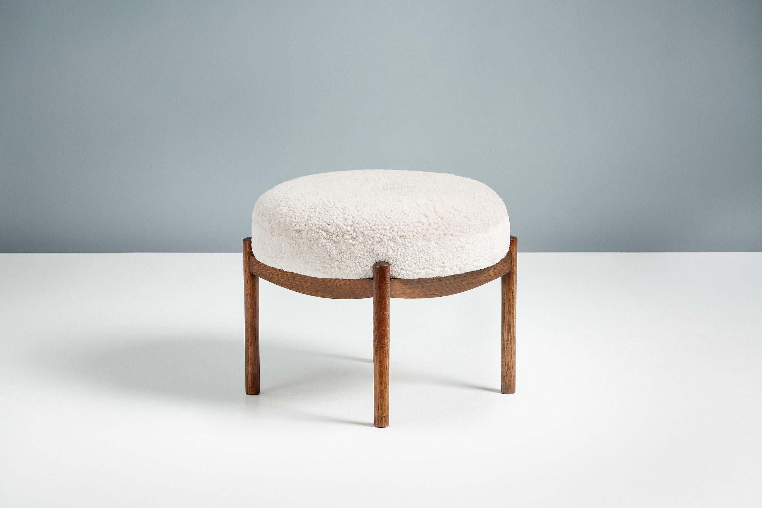 Custom Made Fumed Oak and Boucle Round Ottoman For Sale 2