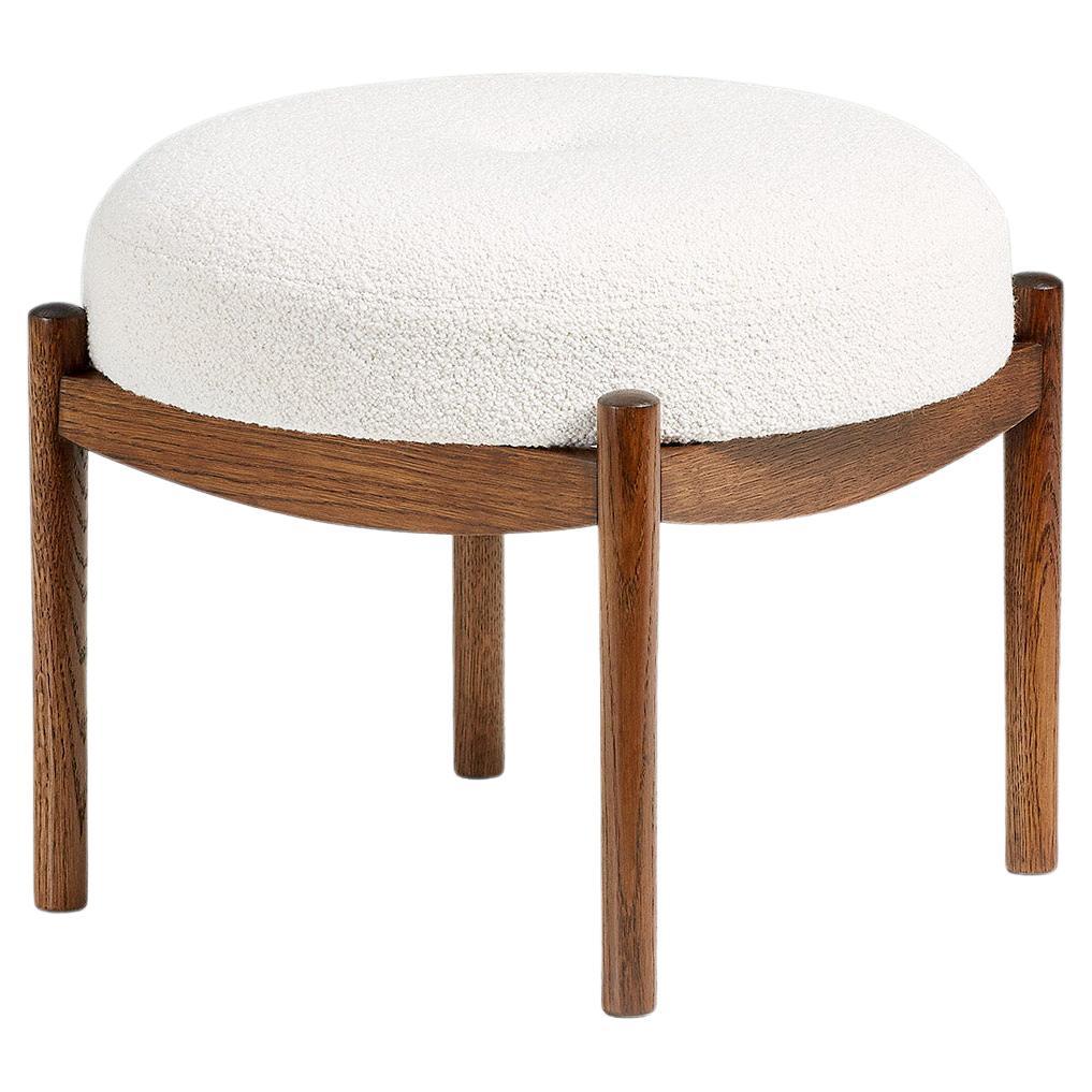 Custom Made Fumed Oak and Boucle Round Ottoman