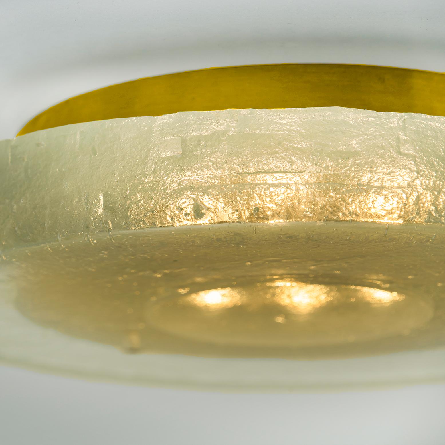 Modern Custom Made Fused Bullseye Glass and Brass Wall Lights or Flush Mounts For Sale