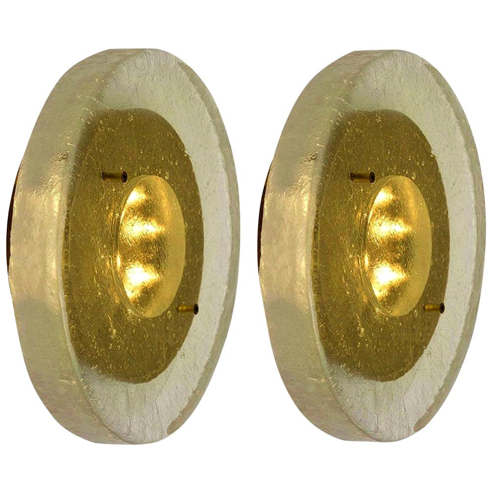 Dutch Custom Made Fused Bullseye Glass and Brass Wall Lights or Flush Mounts For Sale