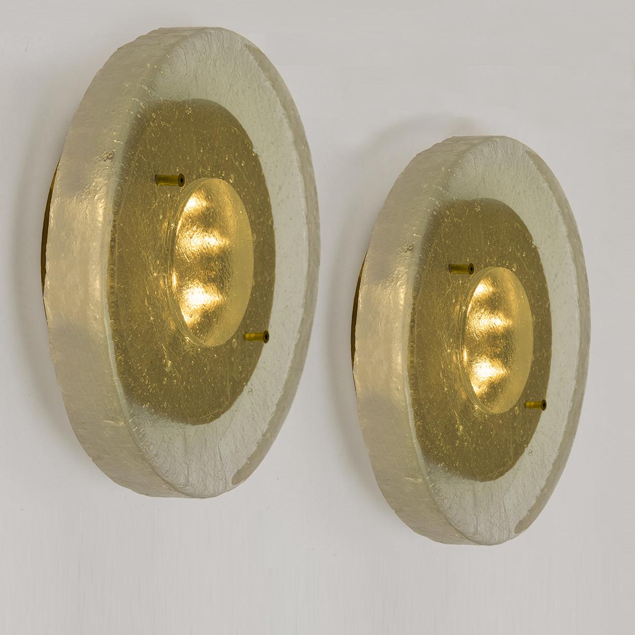 Contemporary Custom Made Fused Bullseye Glass and Brass Wall Lights or Flush Mounts For Sale