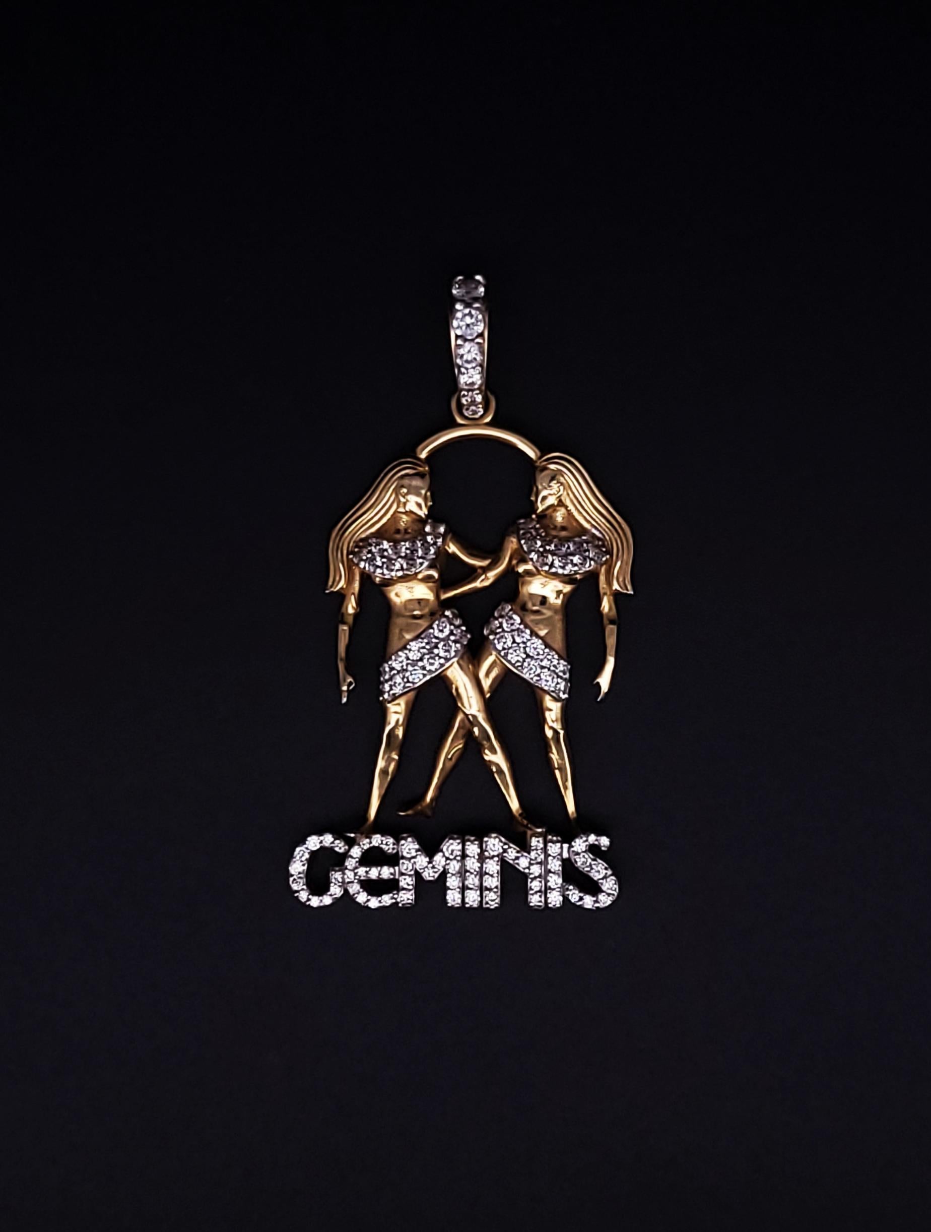 PENDENTIF 'GEMINIS' SUR MESURE EN OR JAUNE 14K AVEC DIAMANTS
*Il s'agit d'une commande spéciale.

MATERIAL : Or jaune 14k
Diamants : VS1 G
Poids du diamant : 0,75ct
Dimension du pendentif : 40.2mm x 25.5mm (sans la balle)
Épaisseur du pendentif :