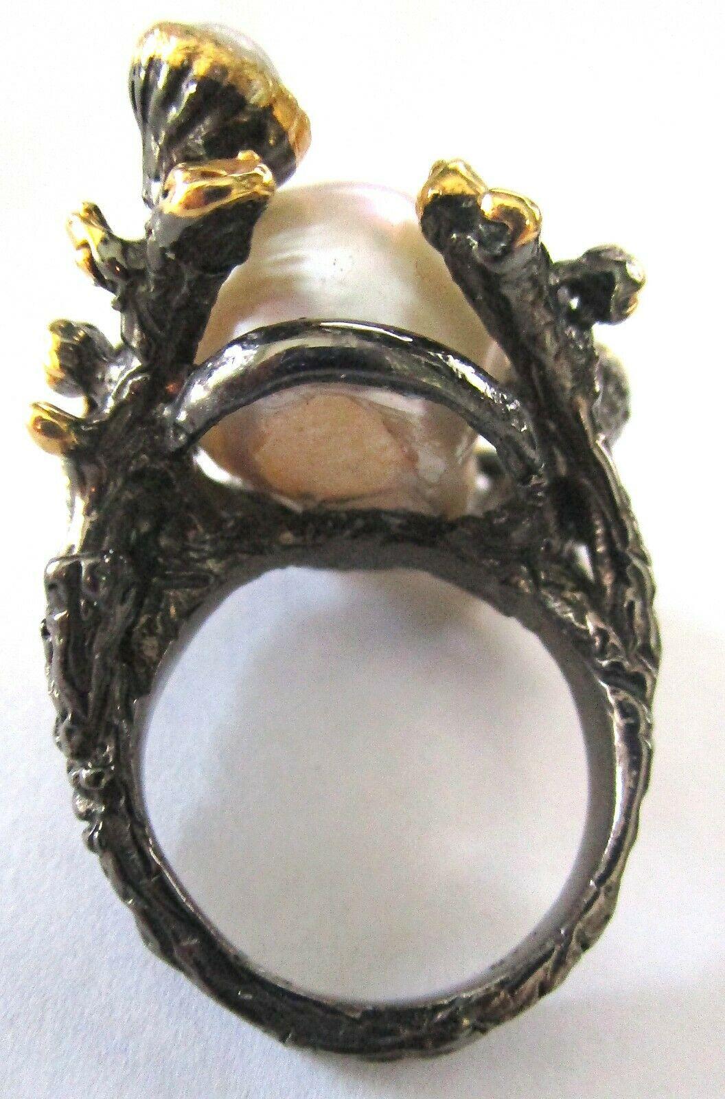Modern Custom Made Genuine Pearl Sterling Silver and Gilt Silver Artisan Ring  For Sale