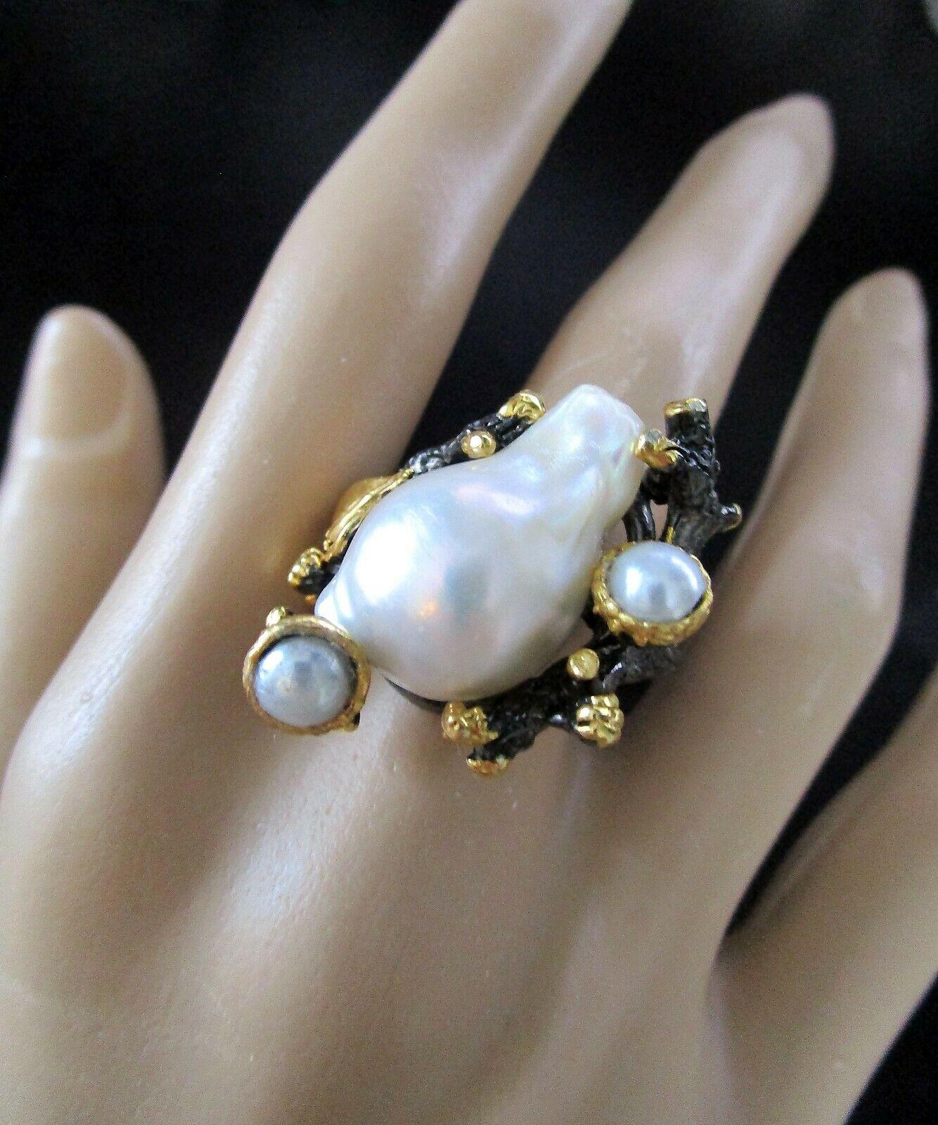 Mixed Cut Custom Made Genuine Pearl Sterling Silver and Gilt Silver Artisan Ring  For Sale