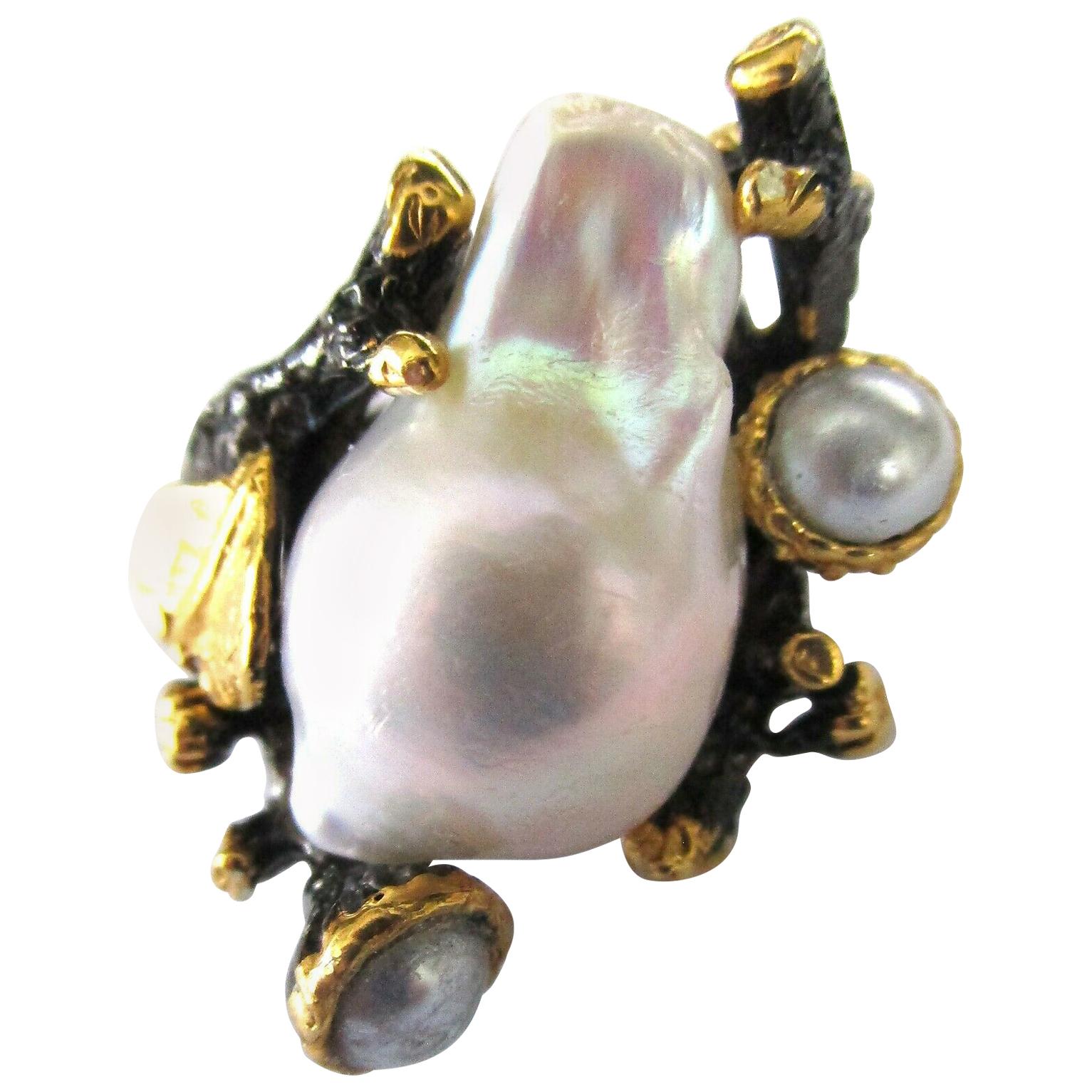 Custom Made Genuine Pearl Sterling Silver and Gilt Silver Artisan Ring